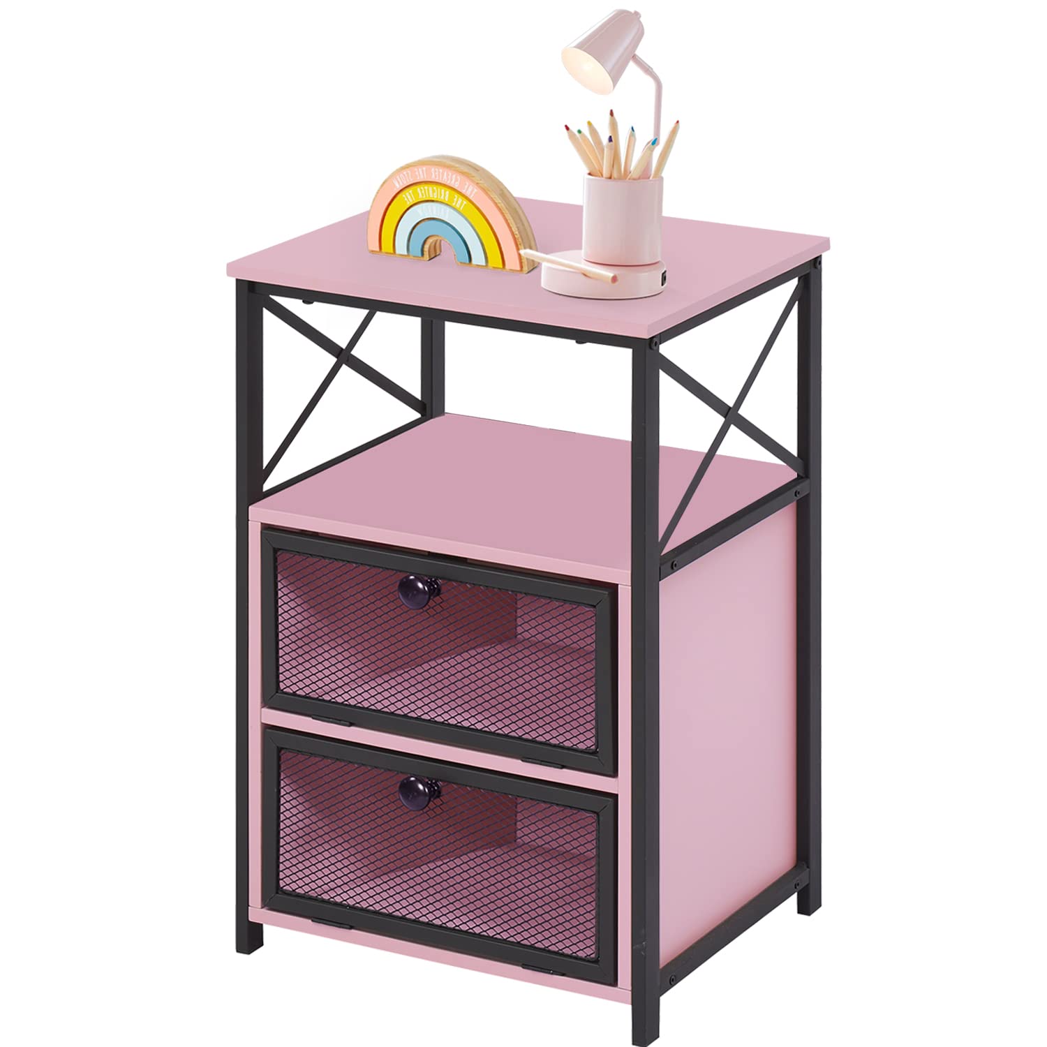 VECELO Modern Night Stand with Storage & Door - Pink End Table for Bedroom & Living Room - Perfect for Small Spaces, Apartment Essentials & Home Decor