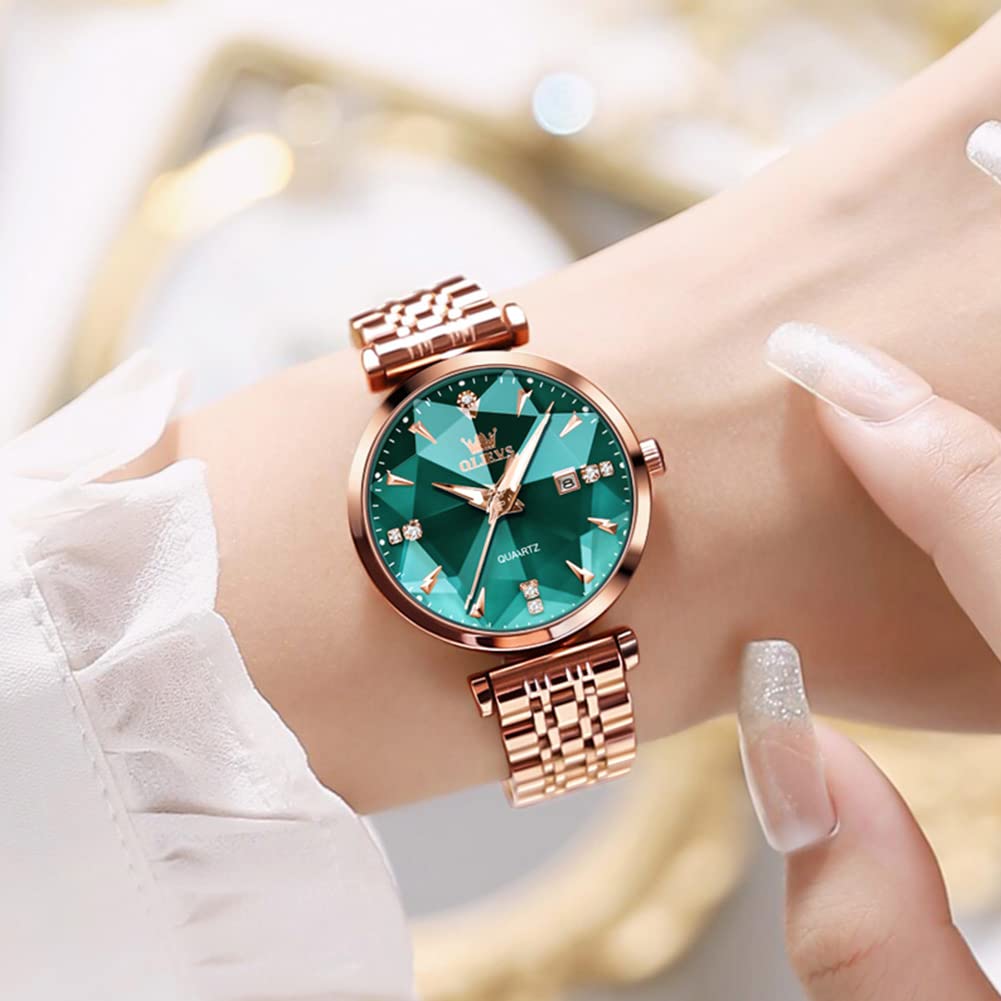 OLEVS Women's Luxury Rose Gold Diamond Analog Quartz Watch - Stainless Steel, Luminous, Waterproof with Date - Perfect for Dressy Occasions, Office & Everyday Wear