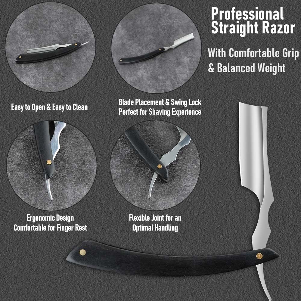 Premium Stainless Steel Straight Edge Barber Razor for Men - Professional Shaving Razor with Leather Strop - Ideal for Home Grooming & Salon Use - Perfect for Close Shaves & Beard Trimming (Model NO.187)