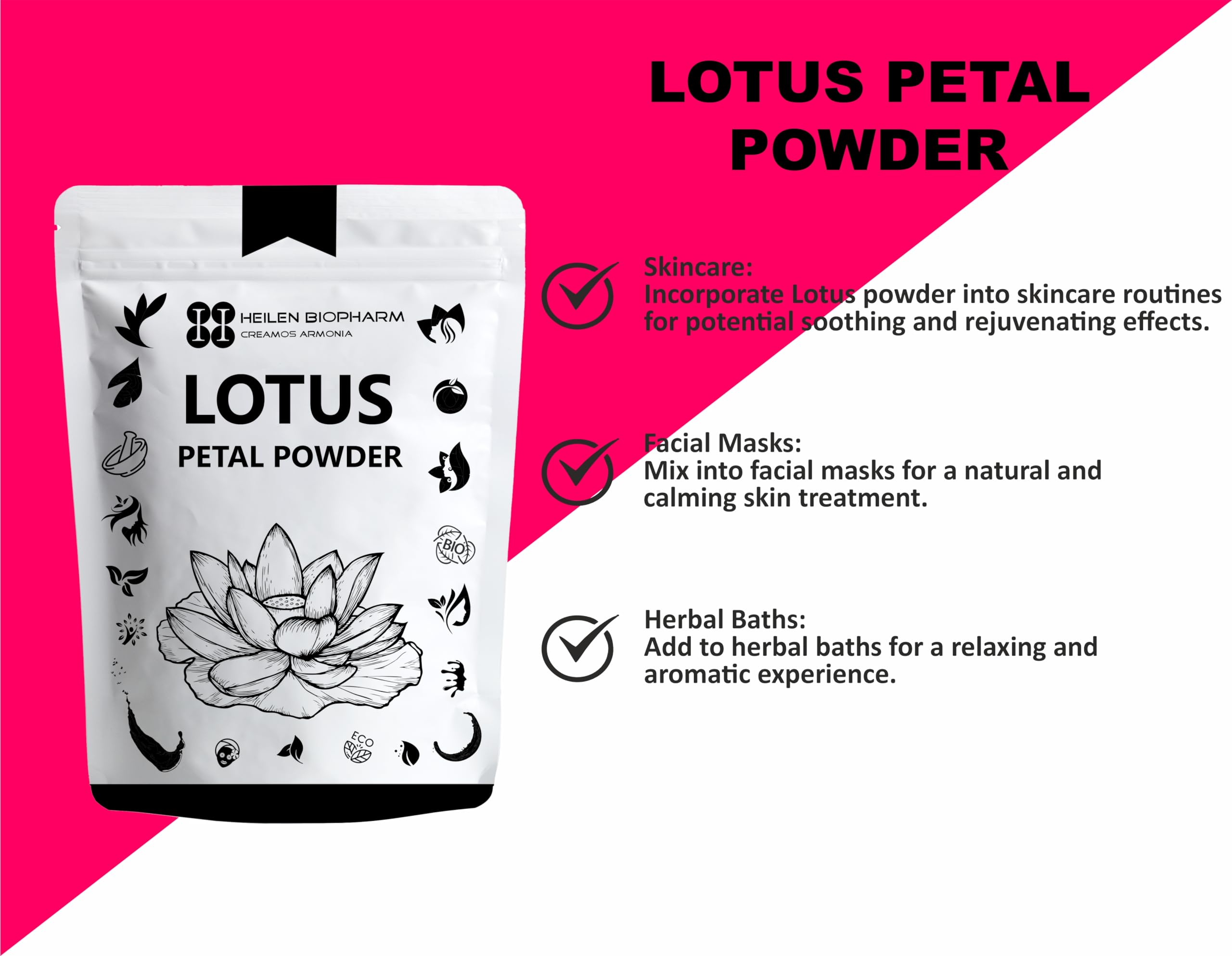Heilen Biopharm Lotus Petal Powder for Face Mask - 100g Natural Skincare Treatment for Glowing Skin | DIY Facial Pack for Brightening & Anti-Aging | Perfect for Spa Day & At-Home Beauty Routine