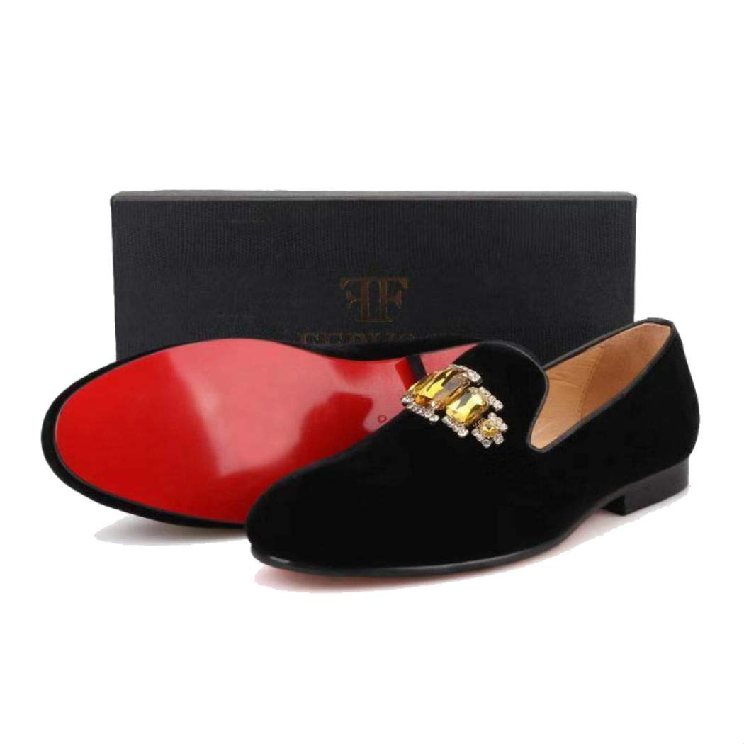 FERUCCI Handmade Men's Black Velvet Loafers with Gold Crystal Brooch - Luxury House Slippers for Indoor Comfort & Elegant Occasions