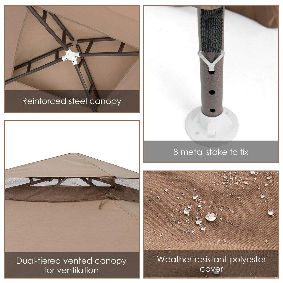 Tangkula 10x10 Ft Outdoor Gazebo with Netting - Brown Patio Canopy Tent for Garden, Lawn, and Backyard - Perfect for Outdoor Parties, BBQ Gatherings & Relaxing in Your Yard