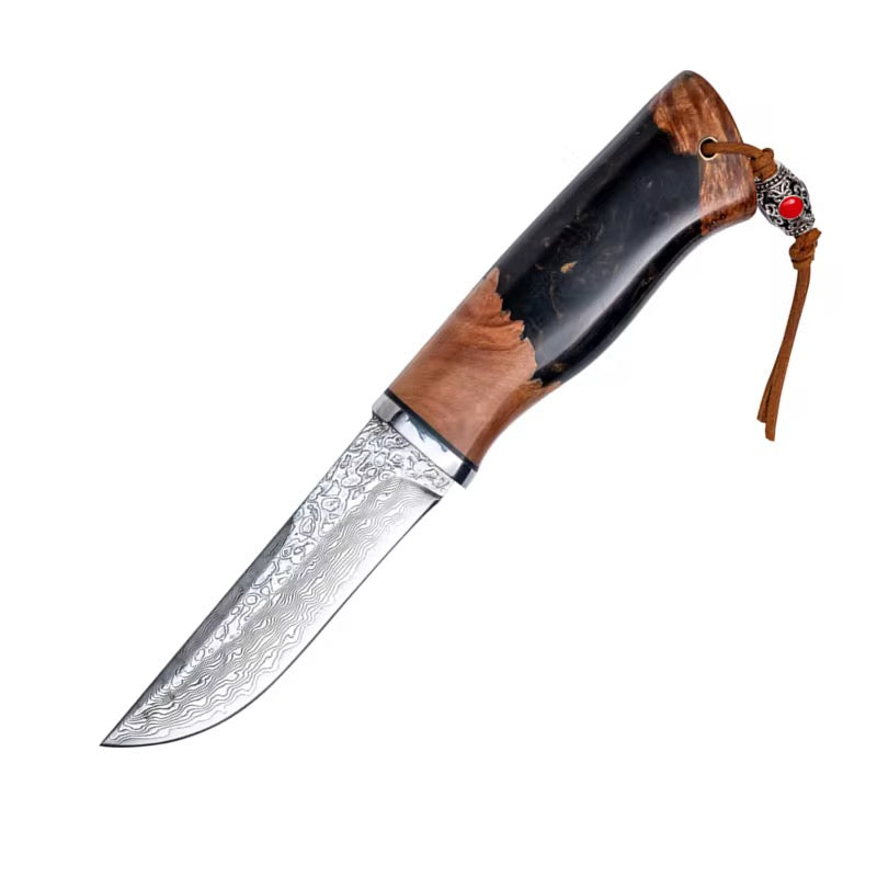 Premium Japanese Damascus Steel Hunting Knife - Exotic Olive Wood Burl & Resin Handle - Perfect for Outdoor Camping, Bushcraft, and Survival Gear Enthusiasts