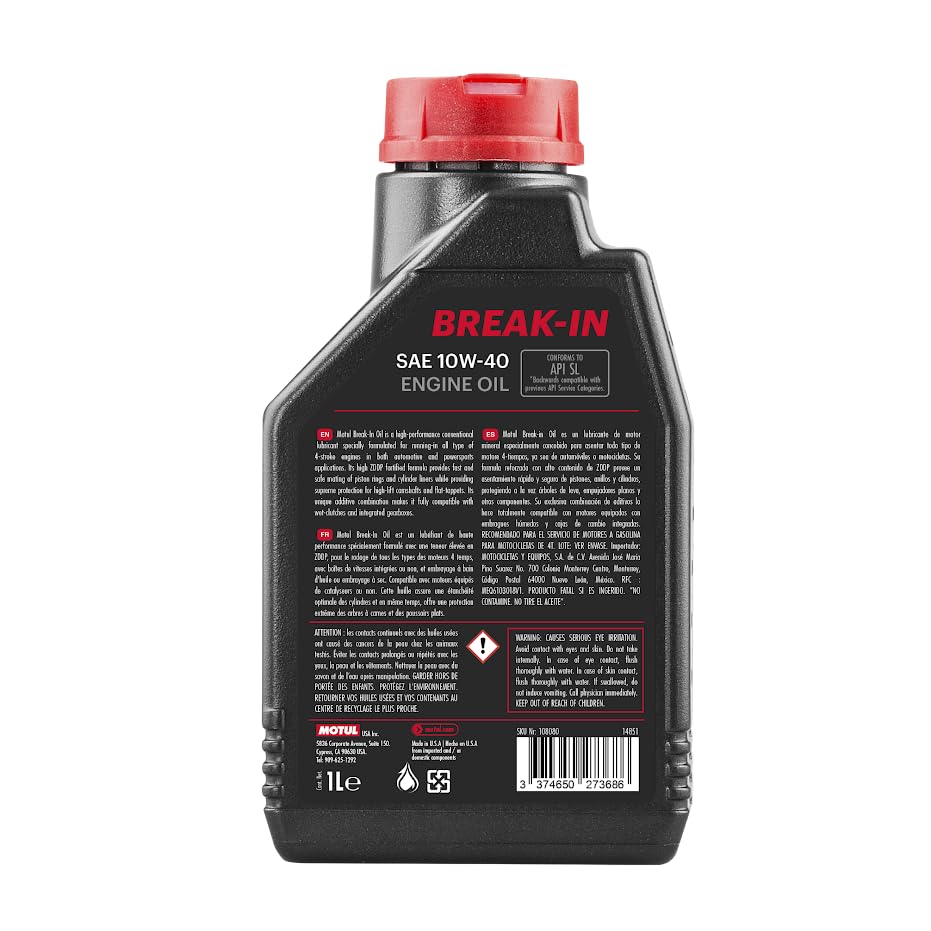 Motul 108080 Break-in 10W-40 Mineral Motor Oil - 5 Pack (1 Quart Each) | High Performance Engine Break-in Oil for Motorcycles, ATVs & Small Engines | Ideal for New Engine Break-in Periods & Rebuilds