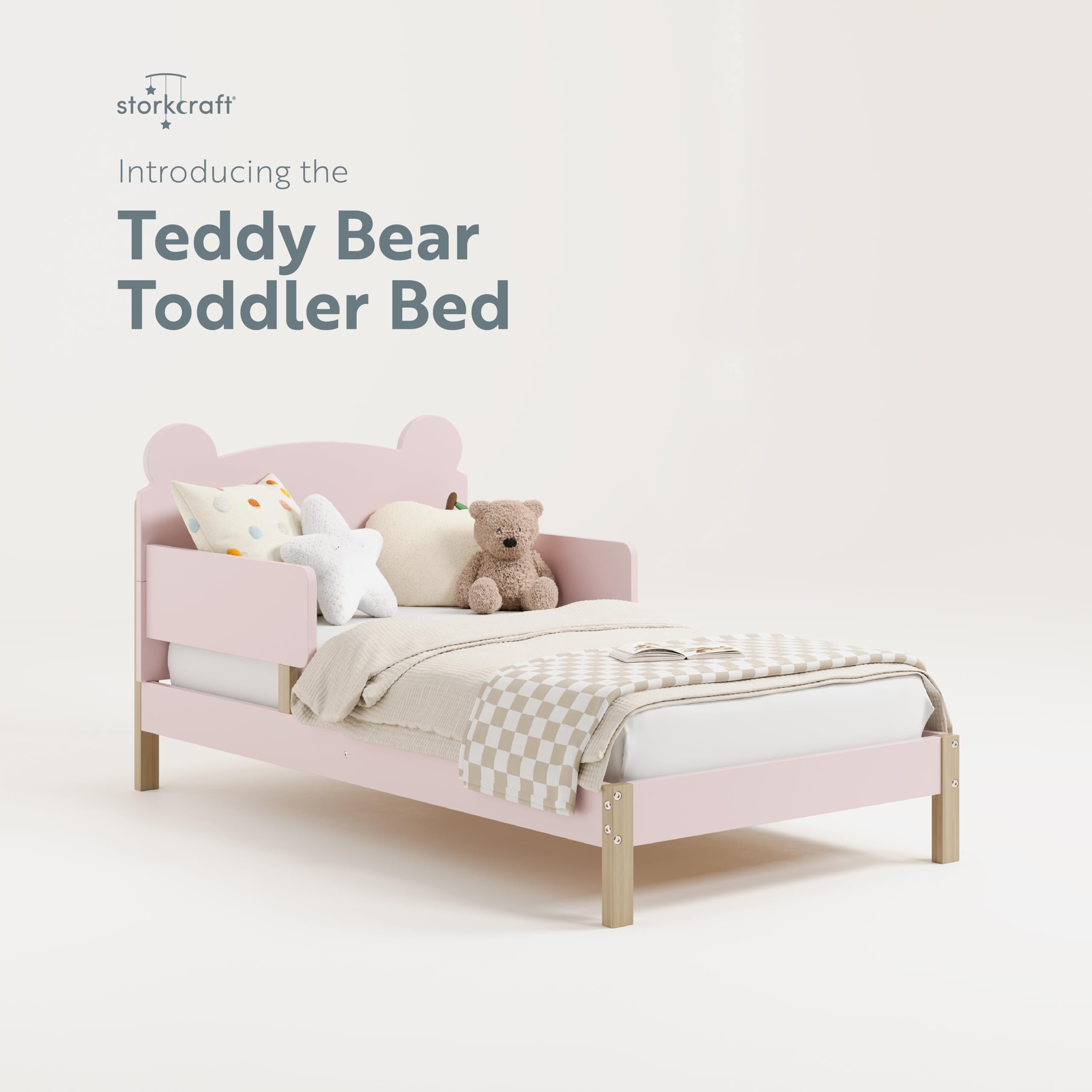 Storkcraft Teddy Bear Toddler Bed with Safety Rails - GREENGUARD Gold Certified, Blush & Driftwood 2-Tone Design, Fits Standard Crib Mattress | Cozy Nursery Furniture for Toddler's First Big Kid Bed Transition