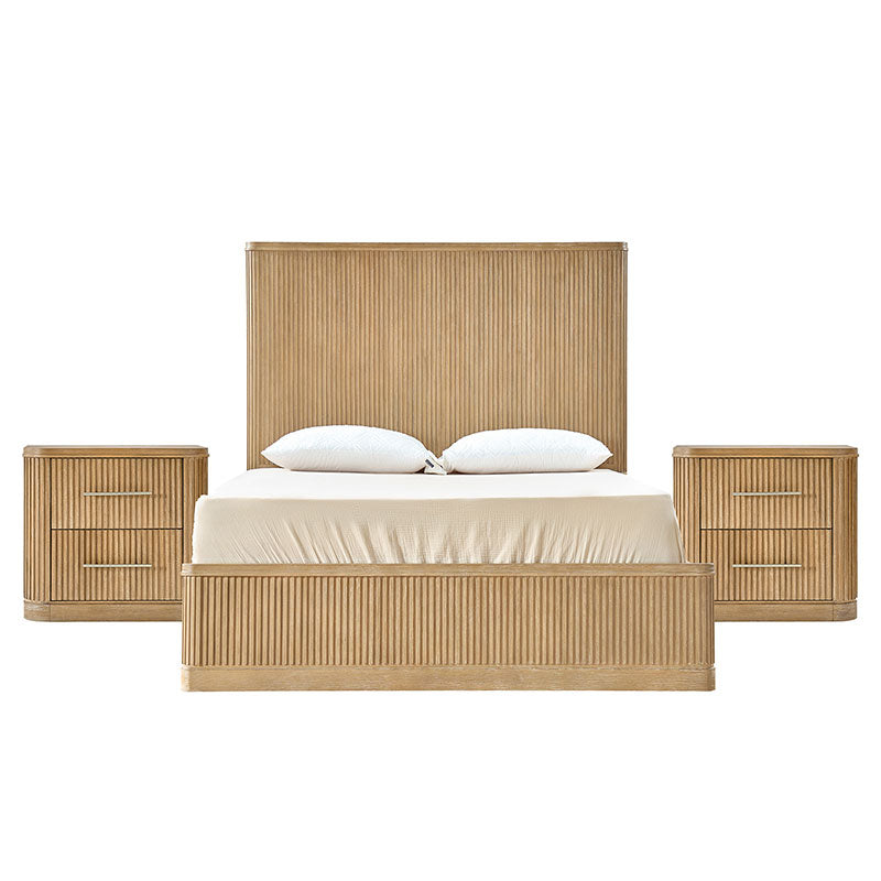Modern Fluted Solid Wood Bedroom Set with Oak Texture - 3 Piece Queen Size Bed, Nightstand & Dresser | Elegant Bedroom Furniture for Master Suite, Guest Room & Apartment