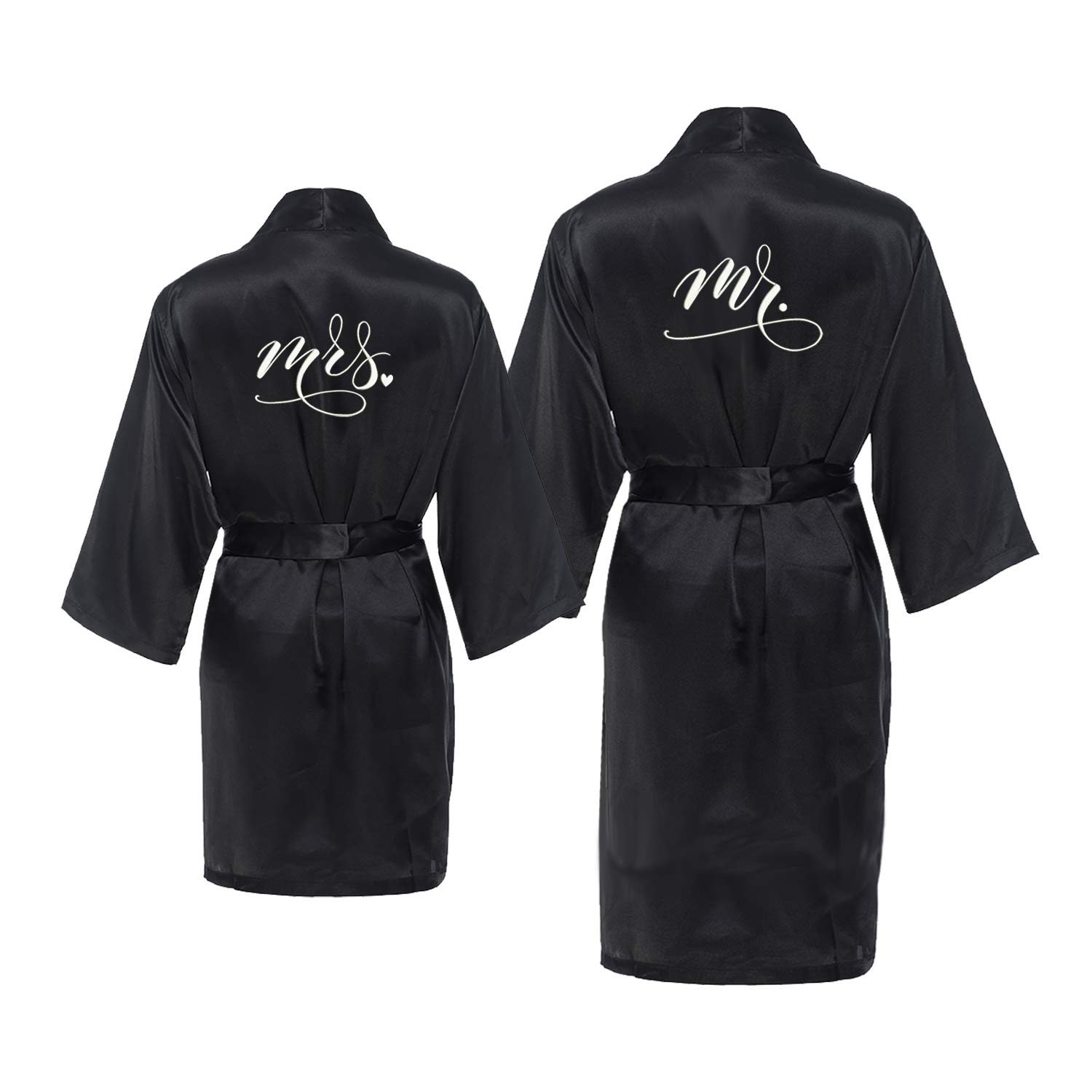 Luxury Mr. & Mrs. Satin Robe Set for Couples - Soft Black Matching Bathrobes with Belt - Perfect for Valentine's Day, Anniversary Gifts, Spa Days & Romantic Getaways