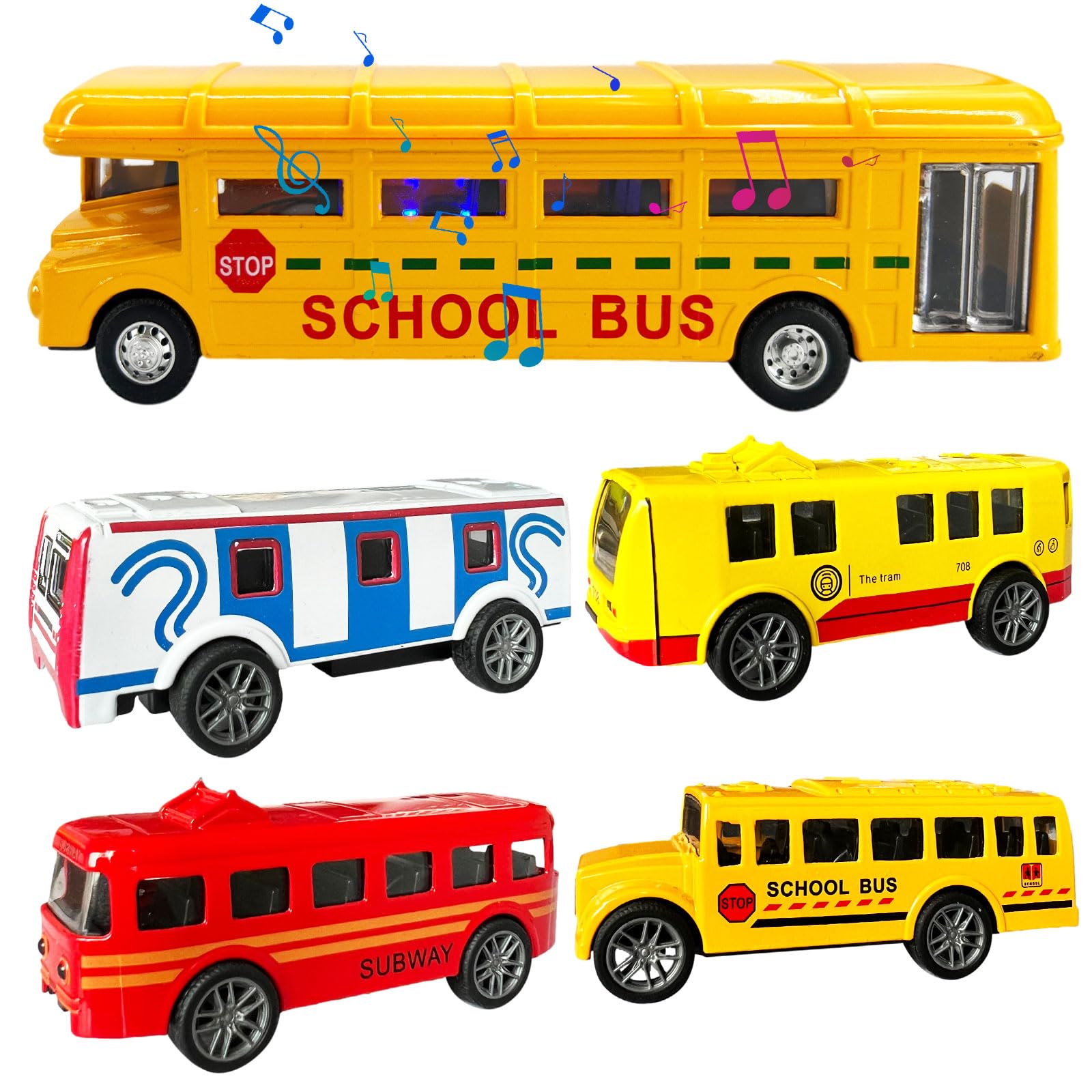 OTONOPI 5-Pack Die-Cast Metal School Bus Toy Set with Lights, Sounds & Opening Doors - Pull Back City Bus & Subway Train Vehicles for Kids Ages 3+ | Perfect for Pretend Play, Birthday Gifts & Preschool Learning Activities