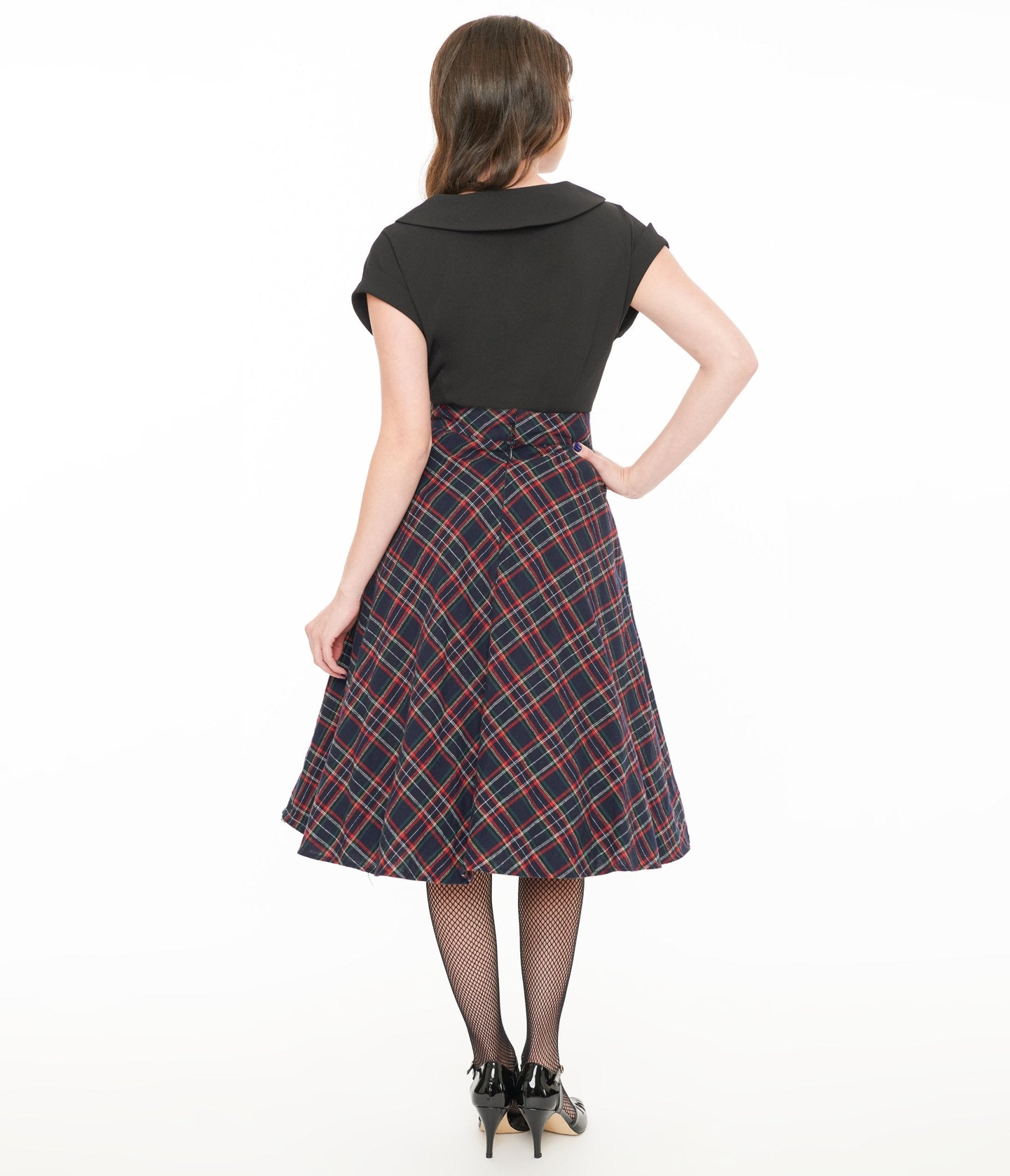 Vintage 1950s Navy & Green Plaid High Waist Swing Skirt - Retro A-Line Skirt for Women | Perfect for Swing Dancing, Cocktail Parties & 50s Themed Events