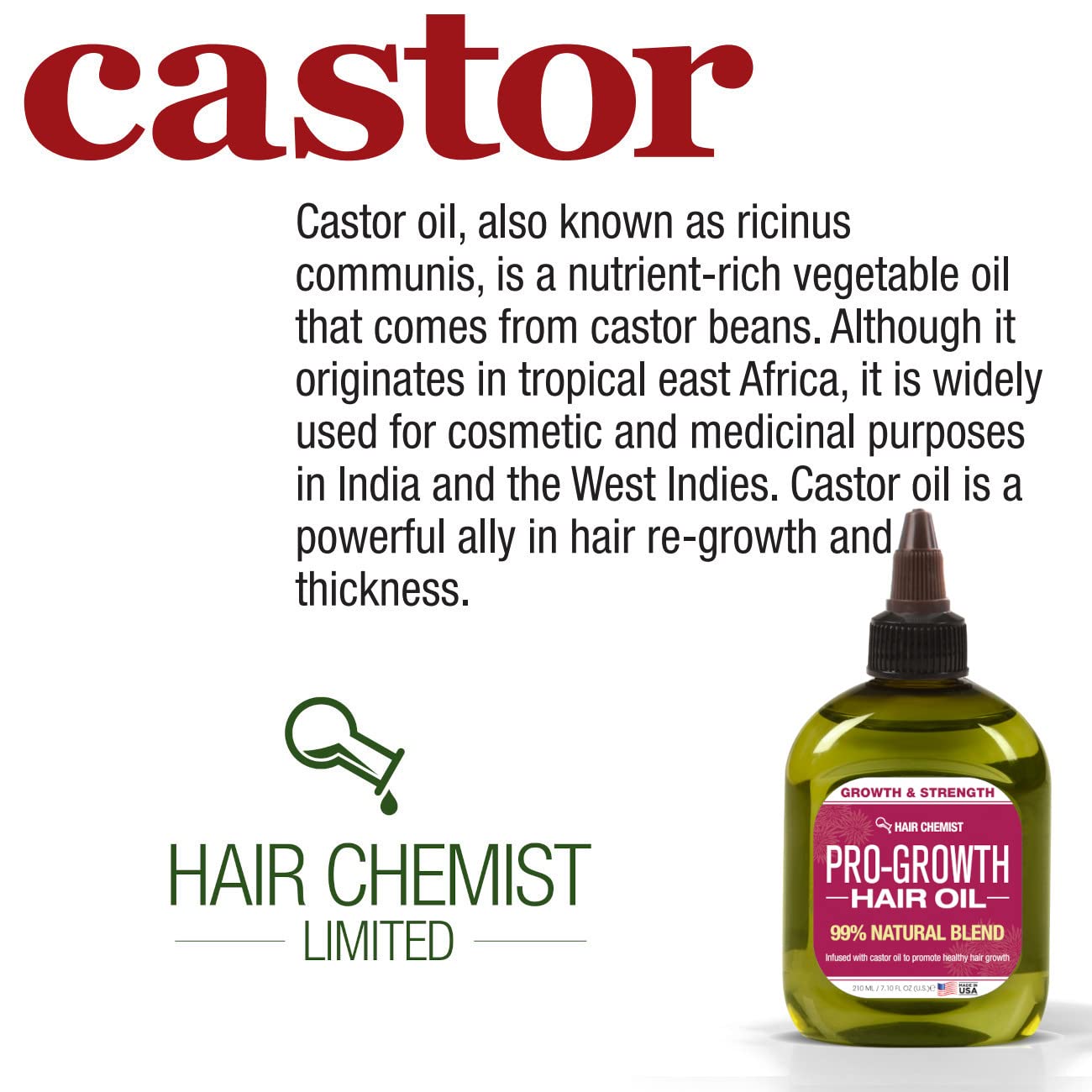 Hair Chemist Pro-Growth Hair Oil with Castor Oil 7.1 oz - Natural Hair Growth Treatment for Thicker, Longer & Healthier Hair - Perfect for Daily Scalp Massage & Nighttime Hair Care Routine