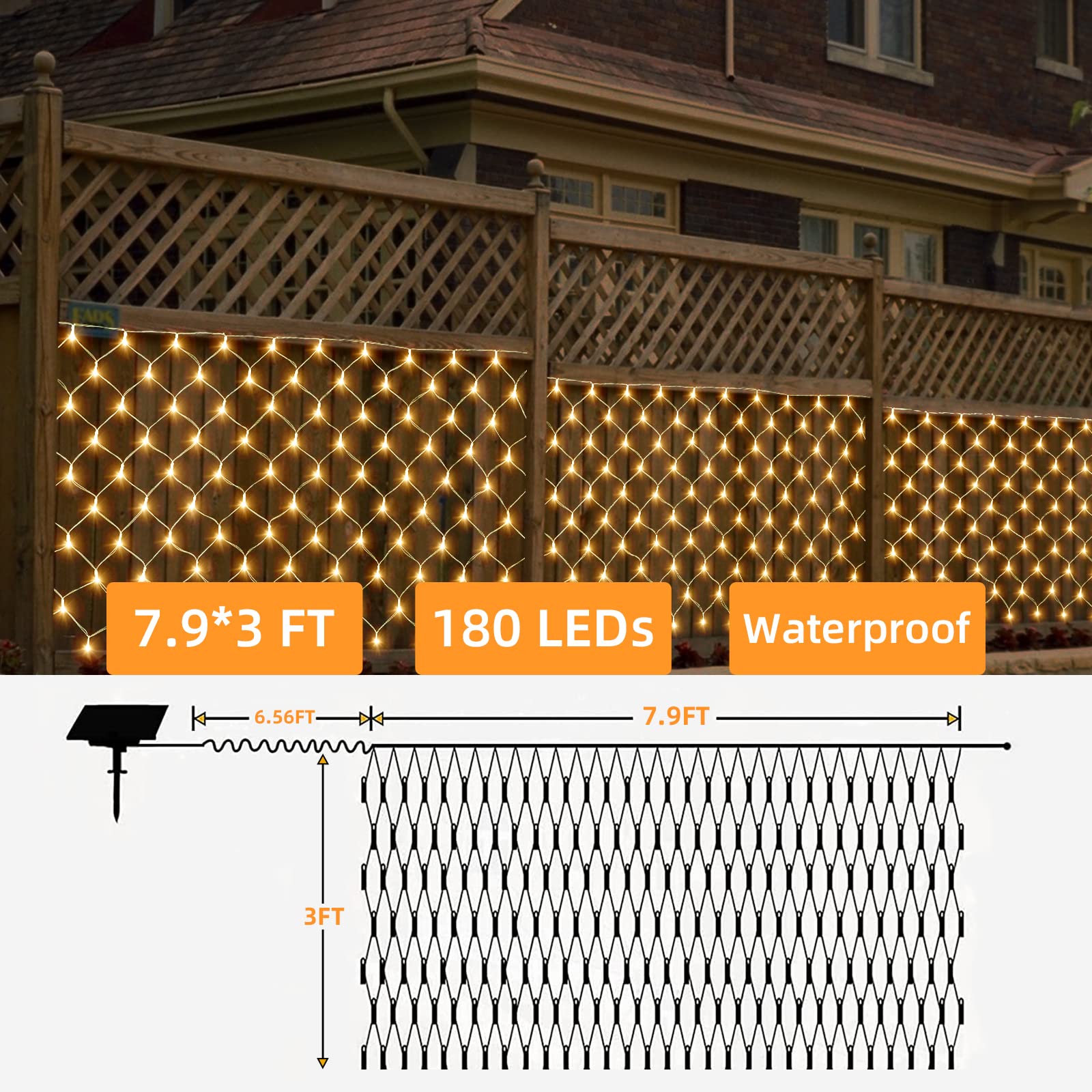 Anycosy 180 LED Solar Net Lights Outdoor - 7.9Ft x 3Ft Warm White Waterproof Fairy Mesh Lights with 8 Modes & Memory Function for Fence, Deck, Backyard, Patio, Garden, and Balcony Decor | Perfect for Holiday, Wedding, Party, and Landscape Lighting