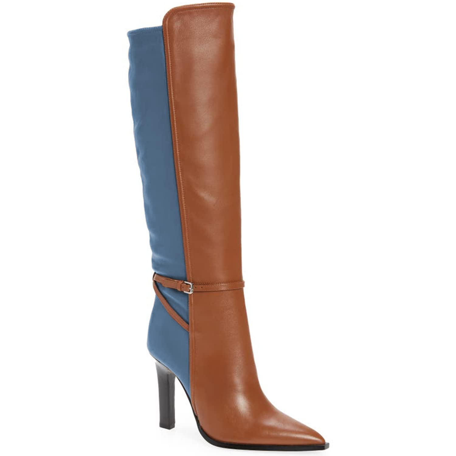 Women's FOWT Spring Fashion Two-Tone Snakeskin Pull-On Knee High Boots - Brown Elegant Ankle Strap Pointed Toe Thin High Heel Dress Shoes for Office, Party & Evening Wear (US Size 4-16 M)