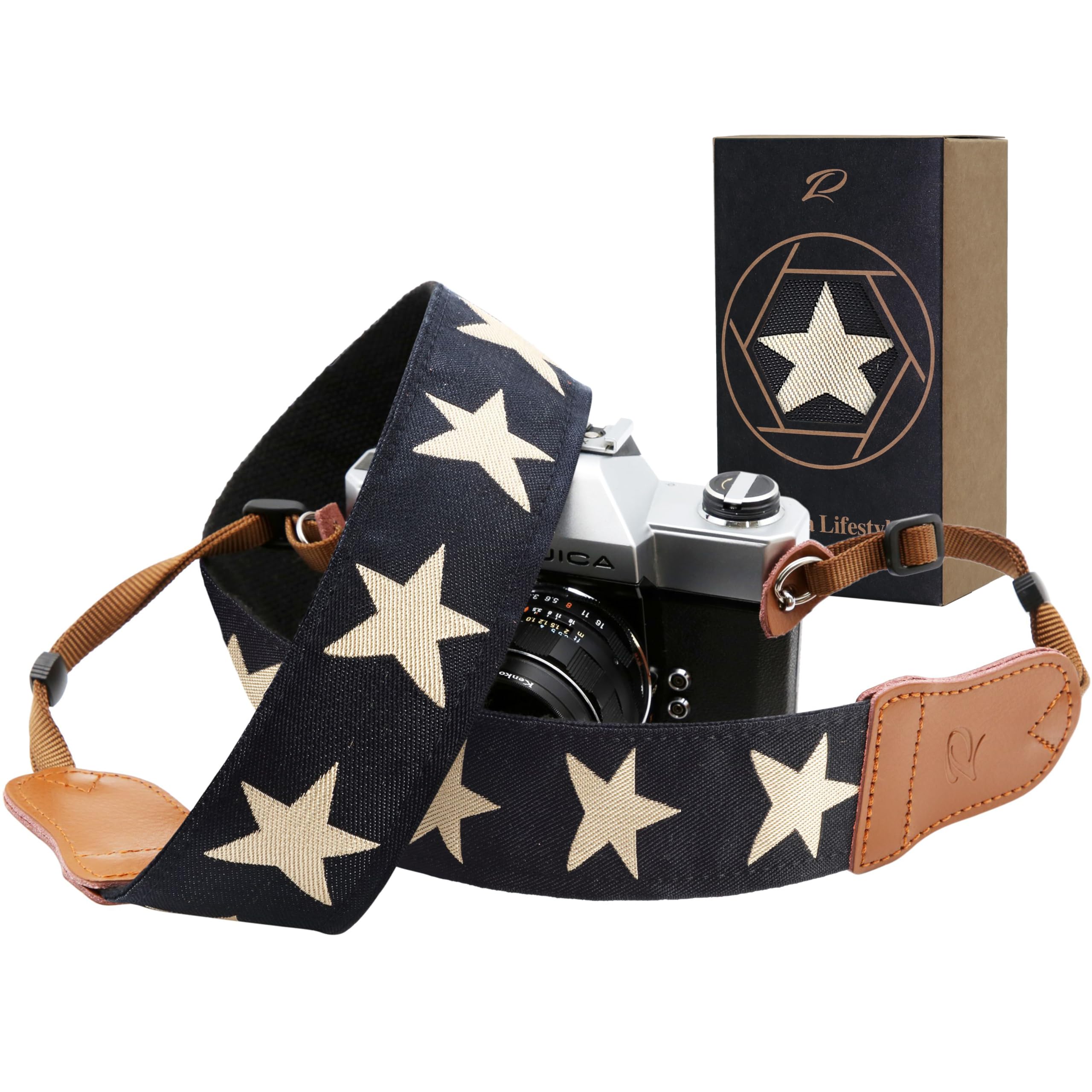 Padwa Lifestyle Pentagram Embroidered Camera Strap - Premium Double Layer Cowhide Ends, 2