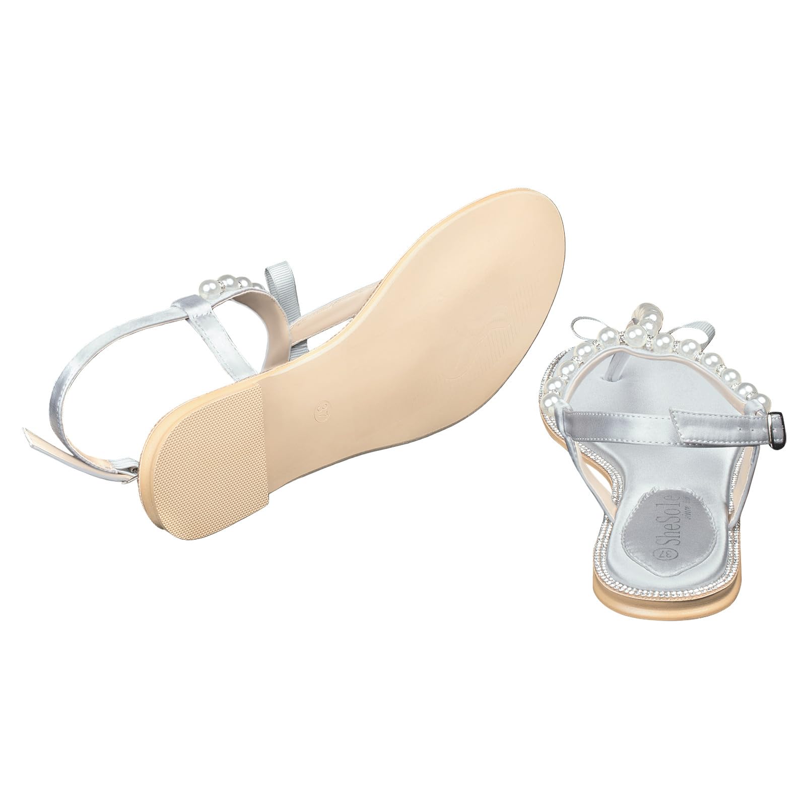SheSole Women's Pearl T-Strap Flat Sandals - Elegant Bridal Wedding Shoes for Bride, Beach Ceremony, Photoshoot & Special Occasions