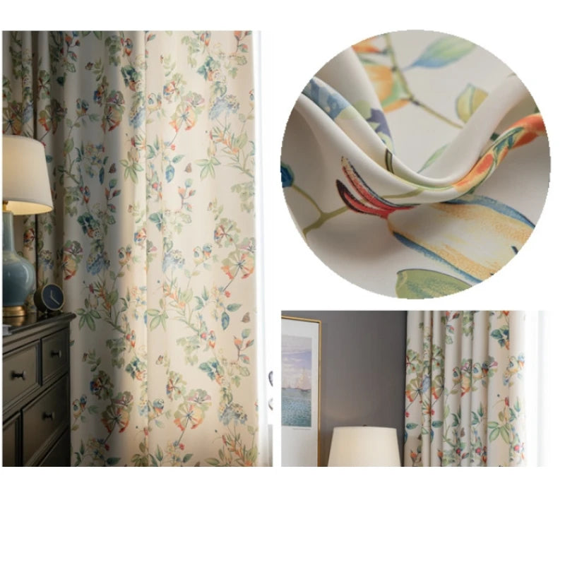 Keira Countryside Botanical Bird Print Custom Blackout Curtains for Bedroom & Living Room - Floral Bird Design for Privacy & Light Blocking