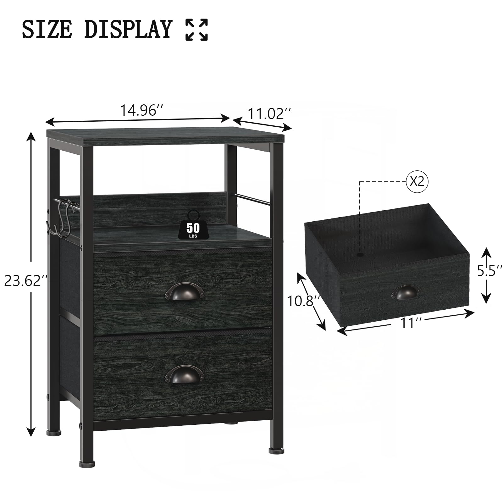 Furologee Nightstand Set of 2 - Modern End Tables with 2 Fabric Drawers, Bedside Tables with Hooks & Shelf - Black Oak Finish for Bedroom, Living Room, Study | Perfect for Small Spaces & Apartment Decor