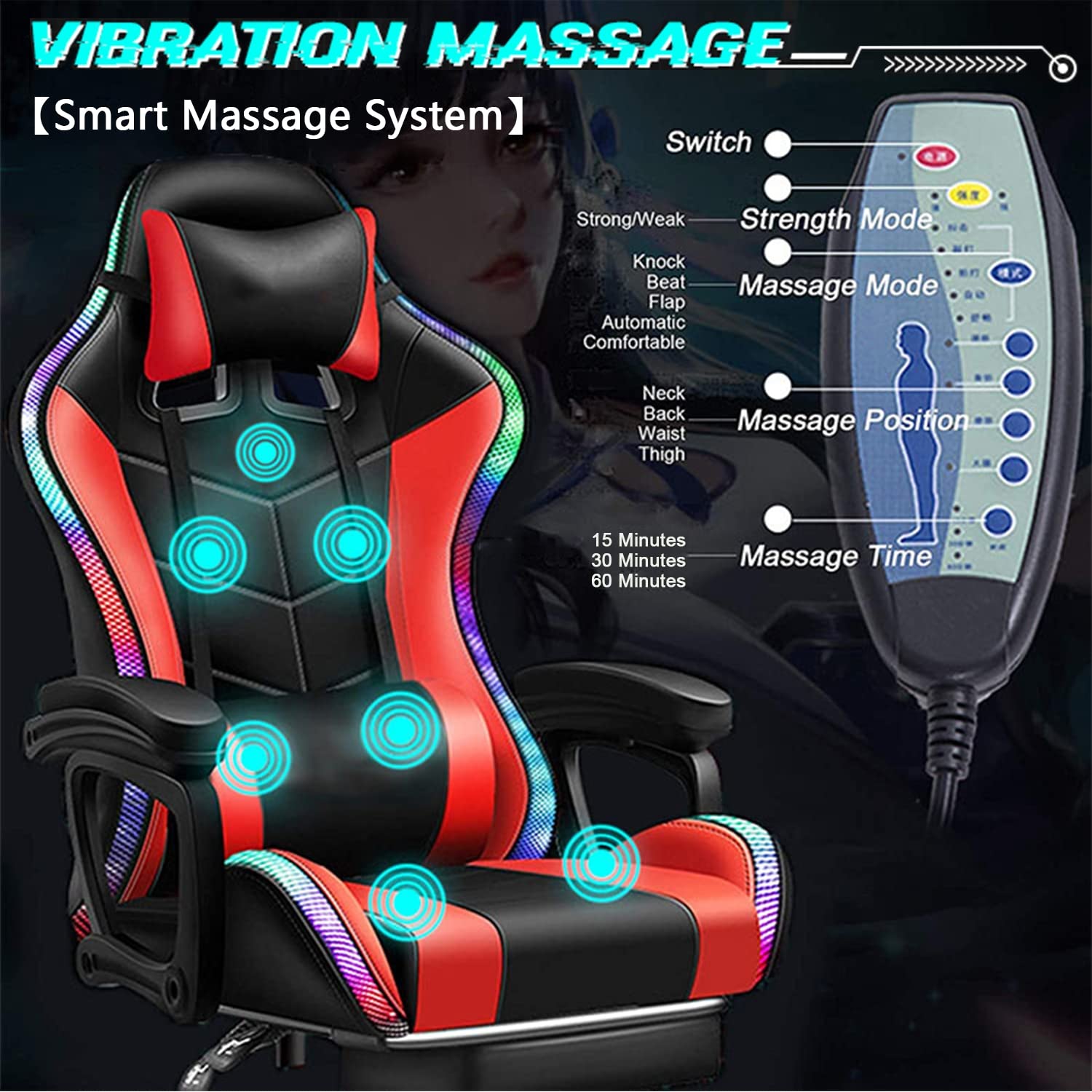 Ergonomic RGB Gaming Chair with Massage, Footrest & Bluetooth Speakers - Adjustable Headrest, Lumbar Support & Reclining Backrest for PC/Console Gamers - Perfect for Esports, Streaming & Home Office Setup