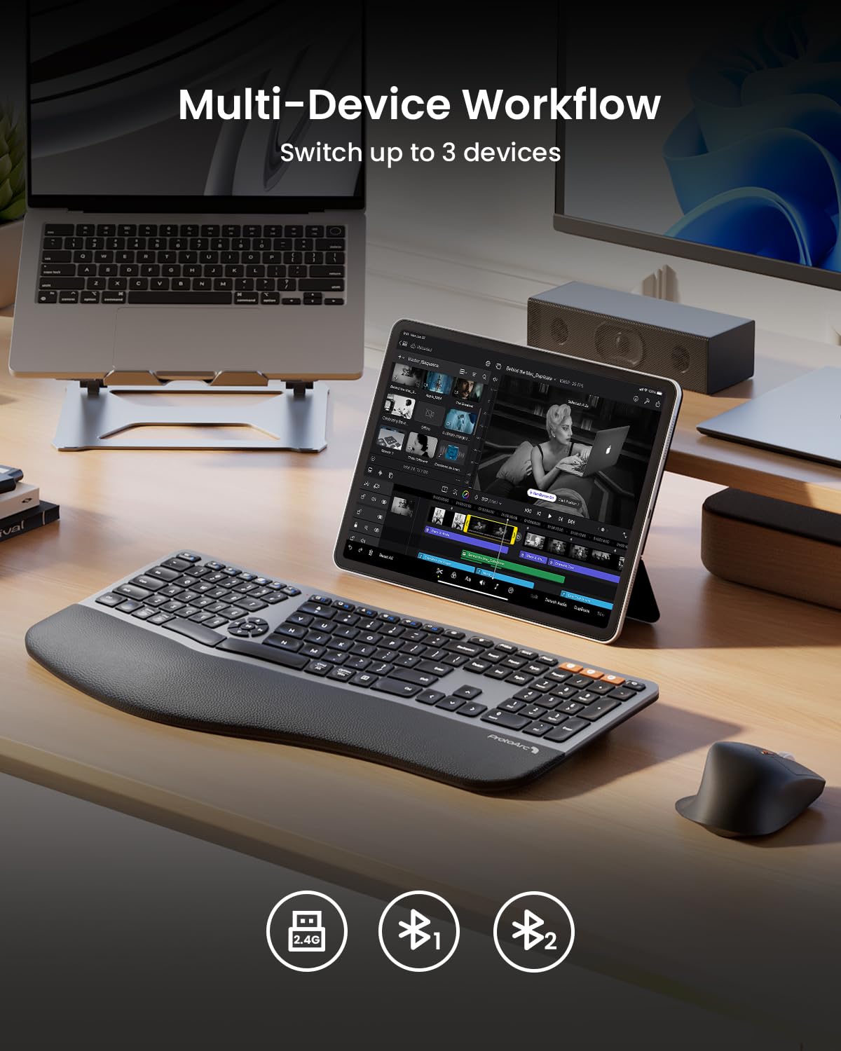 ProtoArc EKM01 Plus Ergonomic Wireless Keyboard and Mouse Combo - Full Size Split Design with Wrist Rest, Rechargeable Bluetooth Keyboard Mouse Set for Windows/Mac OS - Perfect for Office Work, Gaming, and Long Typing Sessions