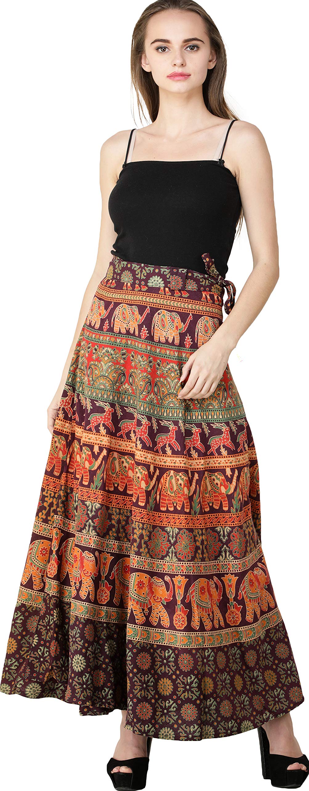 Elegant Wrap-Around Long Skirt with Exotic Elephant & Deer Print - Boho Chic Maxi Skirt for Women, Perfect for Beach Vacations, Music Festivals and Summer Outfits