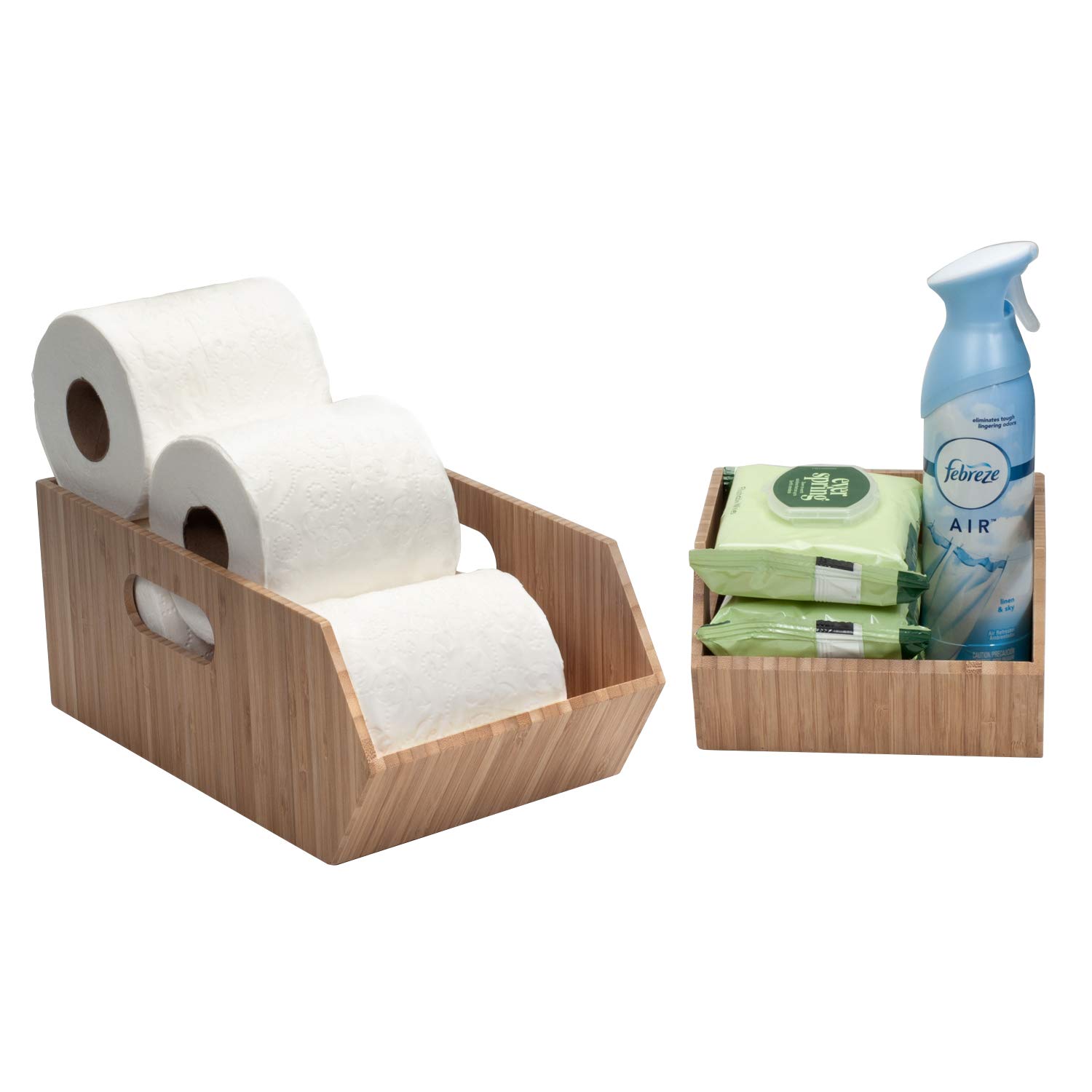 Bamboo Storage Bins 2-Pack - Stackable Bathroom Organizer for Towels, Toilet Paper & Hair Accessories - Cabinet & Vanity Storage Solution