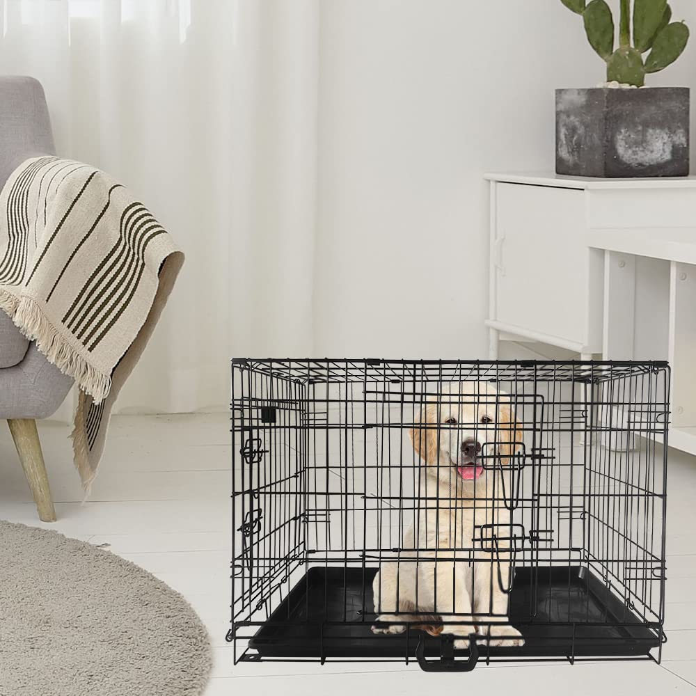 Signzworld 30 Inch 2-Door Folding Metal Dog Crate with Removable Tray - Medium Pet Training Cage & Animal Carrier for Puppies, Travel & Home Use