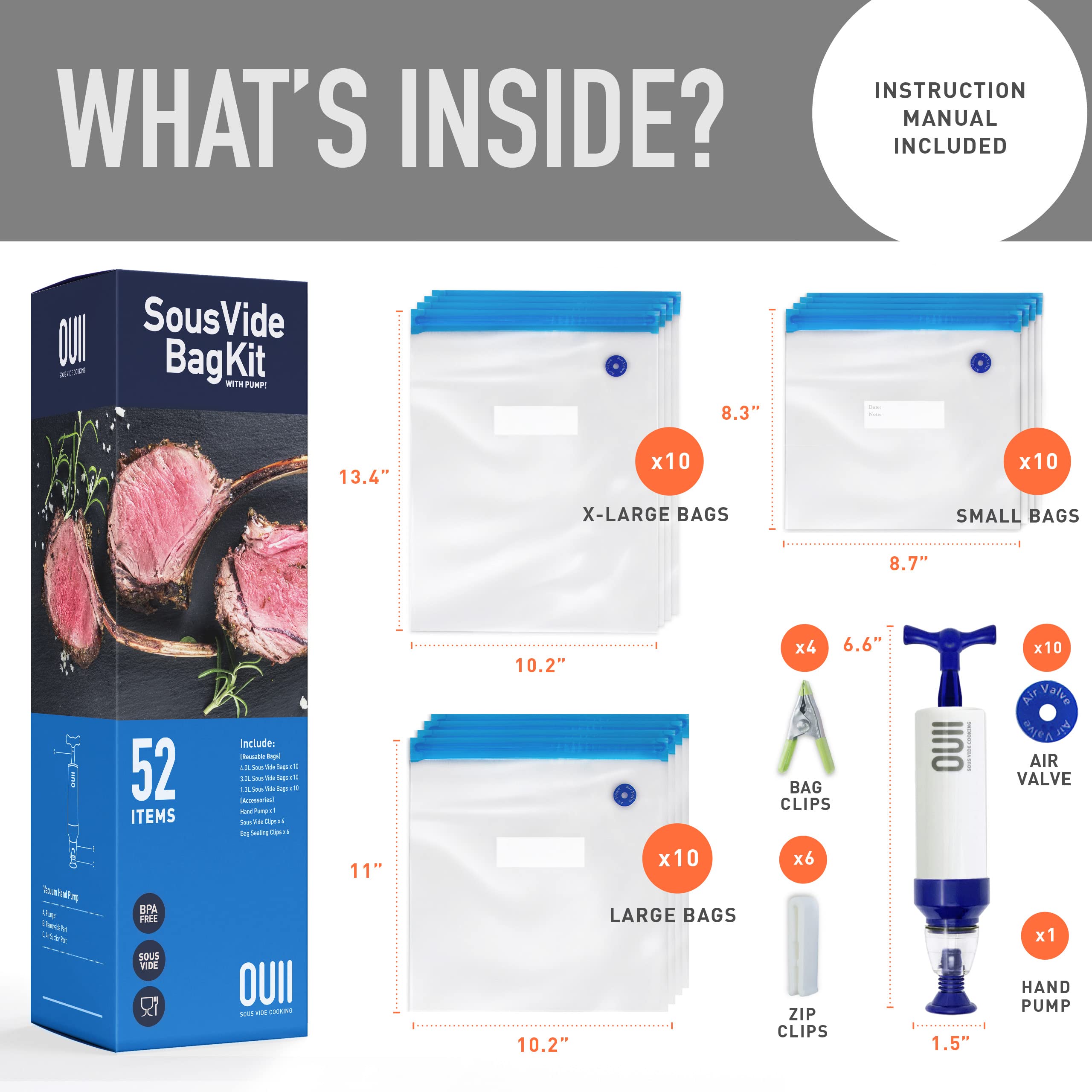 Premium Sous Vide Bags Kit - 52 Pieces Vacuum Sealer Bags with Hand Pump & Clips for Joule, Anova & All Sous Vide Cookers - 3 Sizes for Food Storage & Meal Prep - Perfect for Home Cooking, Restaurant Use & Sous Vide Enthusiasts