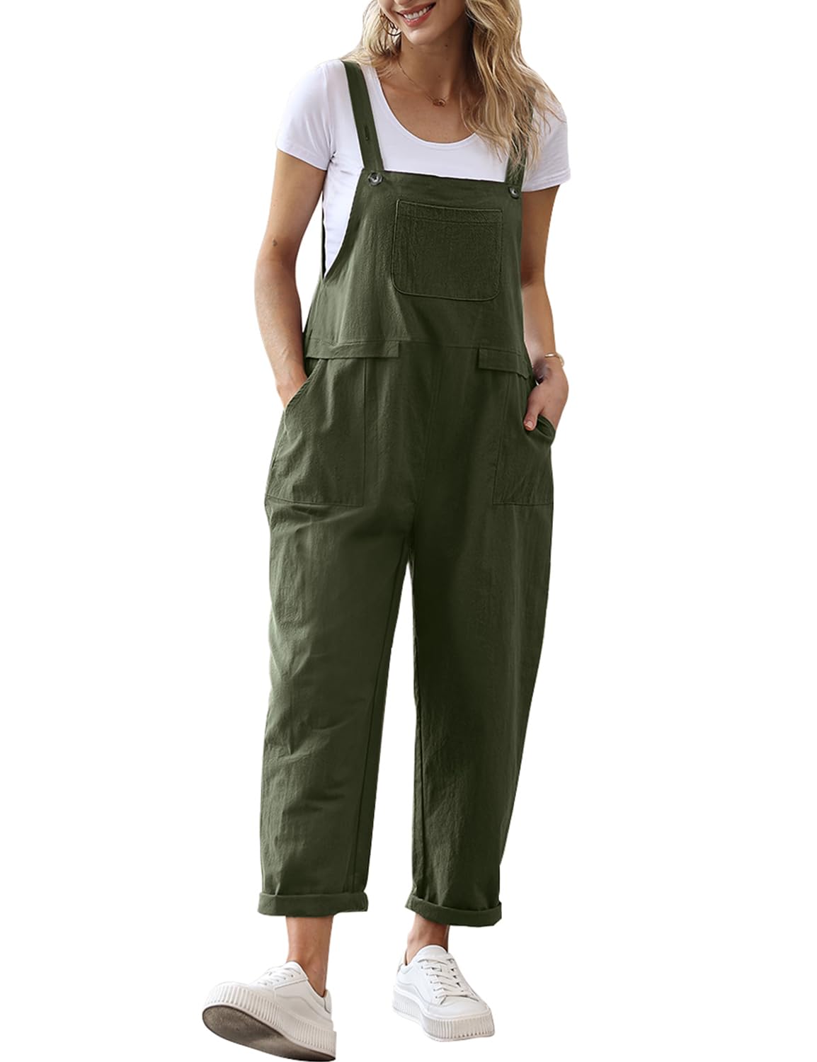YESNO Women's Casual Loose Bib Overalls - Baggy Romper Jumpsuit with Pockets (PV9) | Comfortable Long Pants for Everyday Wear, Outings & Relaxation