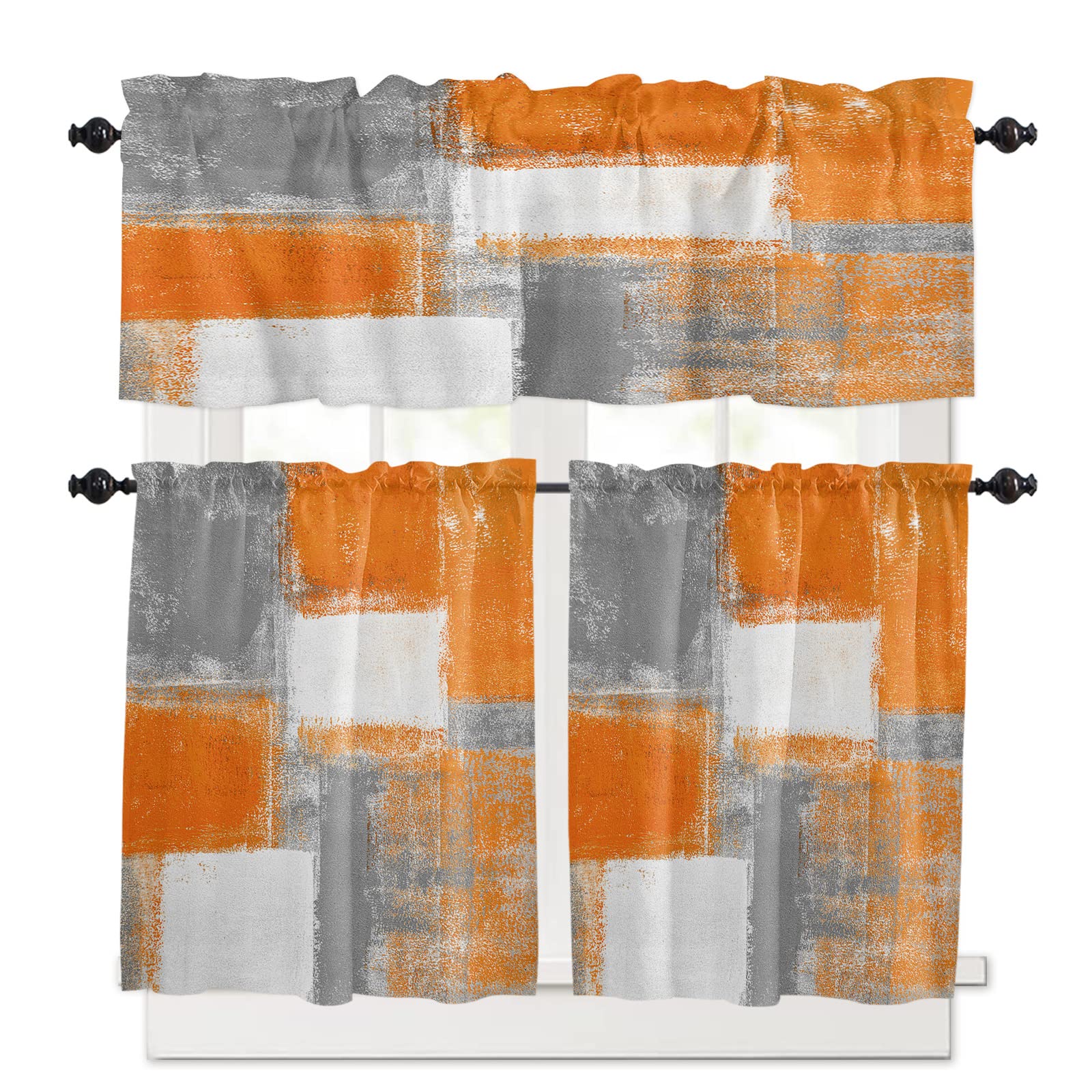 Orange Grey Abstract Geometric Kitchen Curtains Set - 3 Piece Tier & Valance with Rod Pocket, 54x18 Inches - Modern Window Treatment for Bathroom, Cafe, Living Room & Bedroom Decor