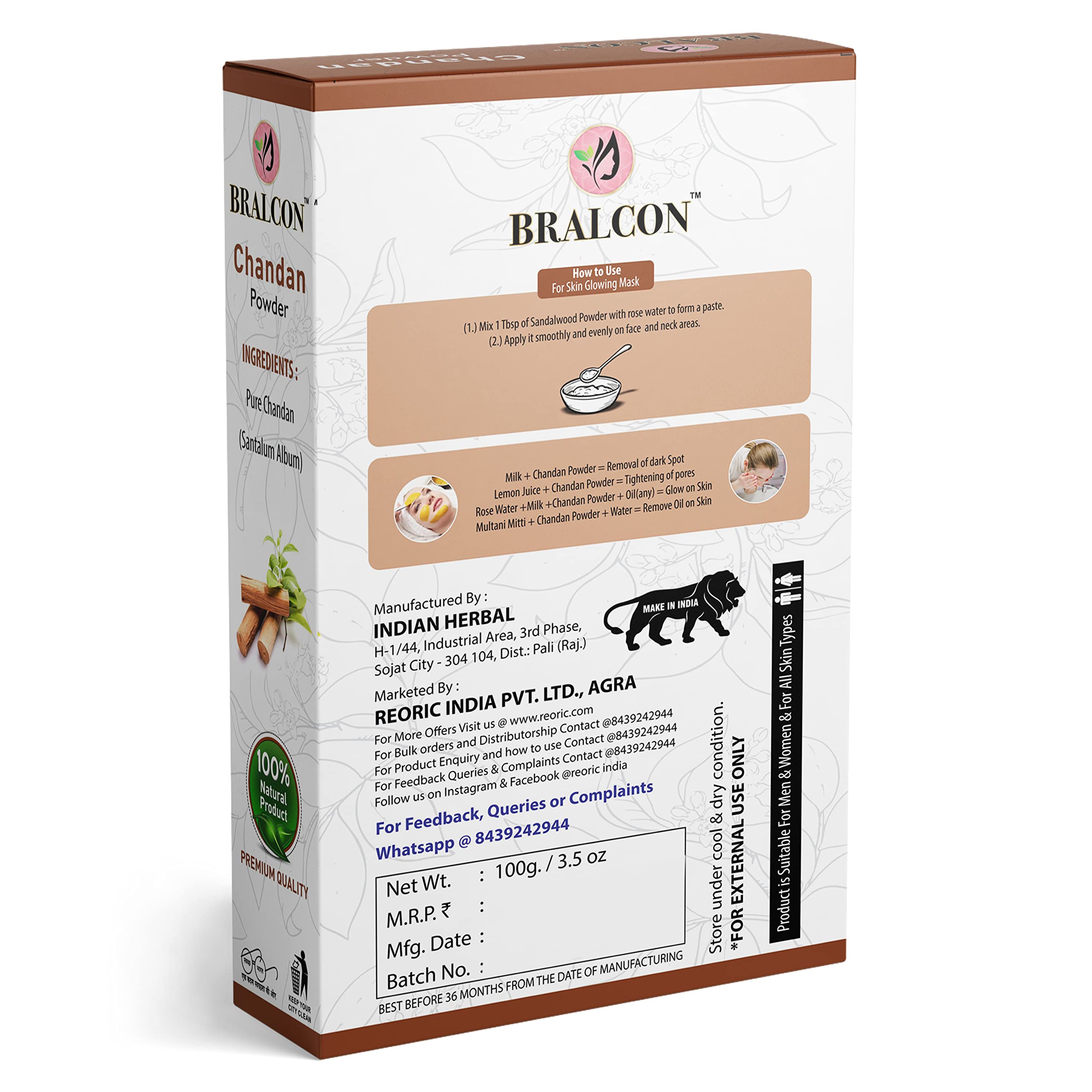 BRALCON Organic Sandalwood, Orange Peel, Fuller's Earth Powder Combo - 300g (100g x 3 Pack) | Natural Face Mask for Glowing Skin | Ayurvedic Skin Care Treatment for Dry Skin | Perfect for DIY Facials, Spa Days & Daily Skincare Routine