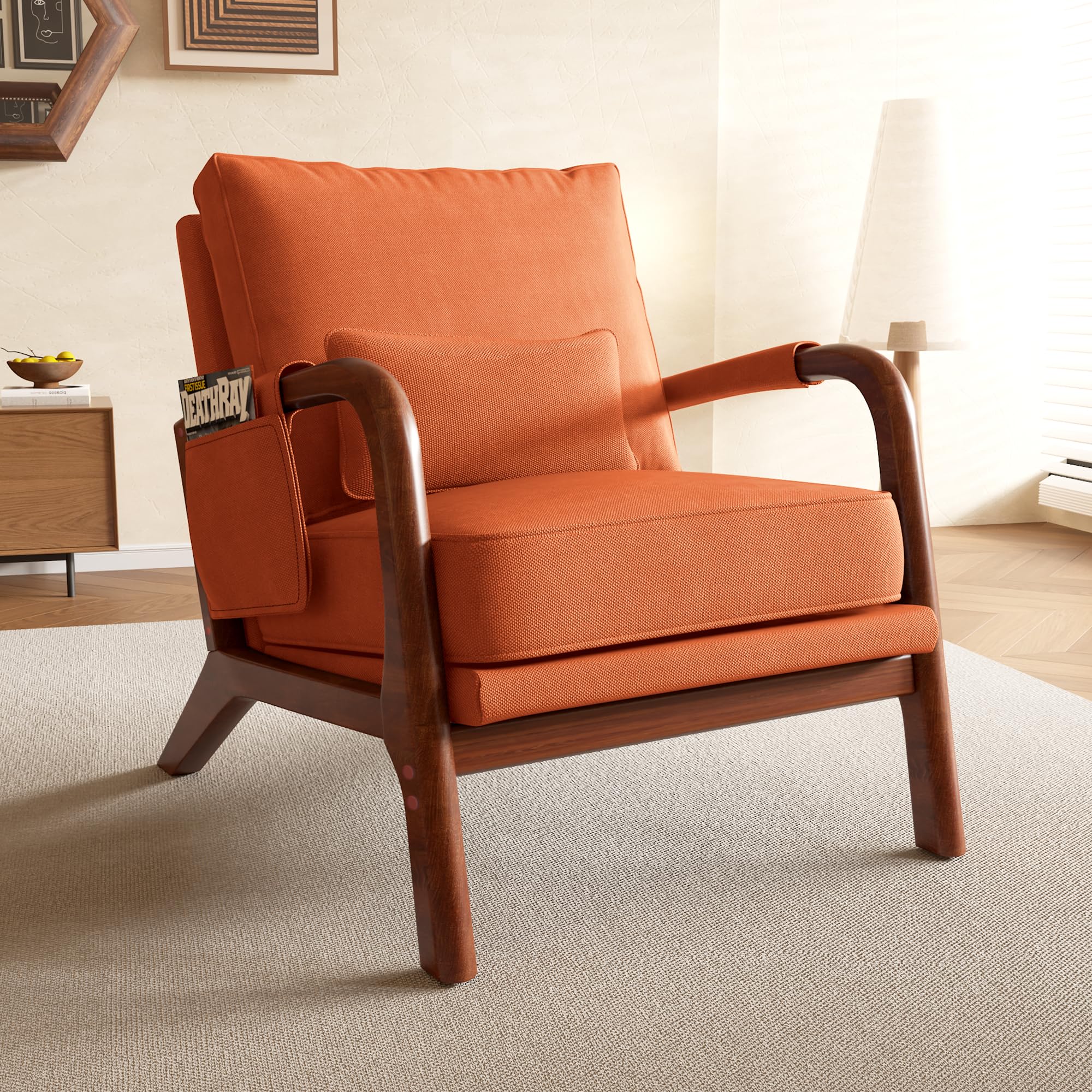 Mid Century Modern Upholstered Lounge Arm Chair - Solid Wood Frame, Comfortable Accent Chair for Living Room, Bedroom & Reading Nook - Orange Velvet Fabric - Perfect for Home Office, Reception Area & Cozy Spaces