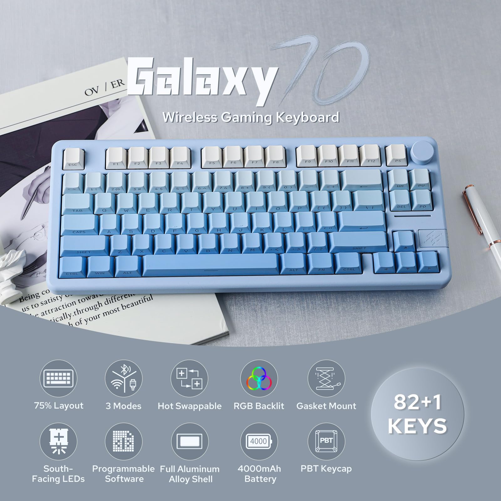 EPOMAKER Galaxy70 Wireless Gaming Keyboard - 75% Aluminum Mechanical Keyboard with Bluetooth 5.0/2.4GHz/USB-C Connectivity | Hot-Swappable Zebra Switch (Blue) | Perfect for PC Gaming, Office Work & Typing Enthusiasts