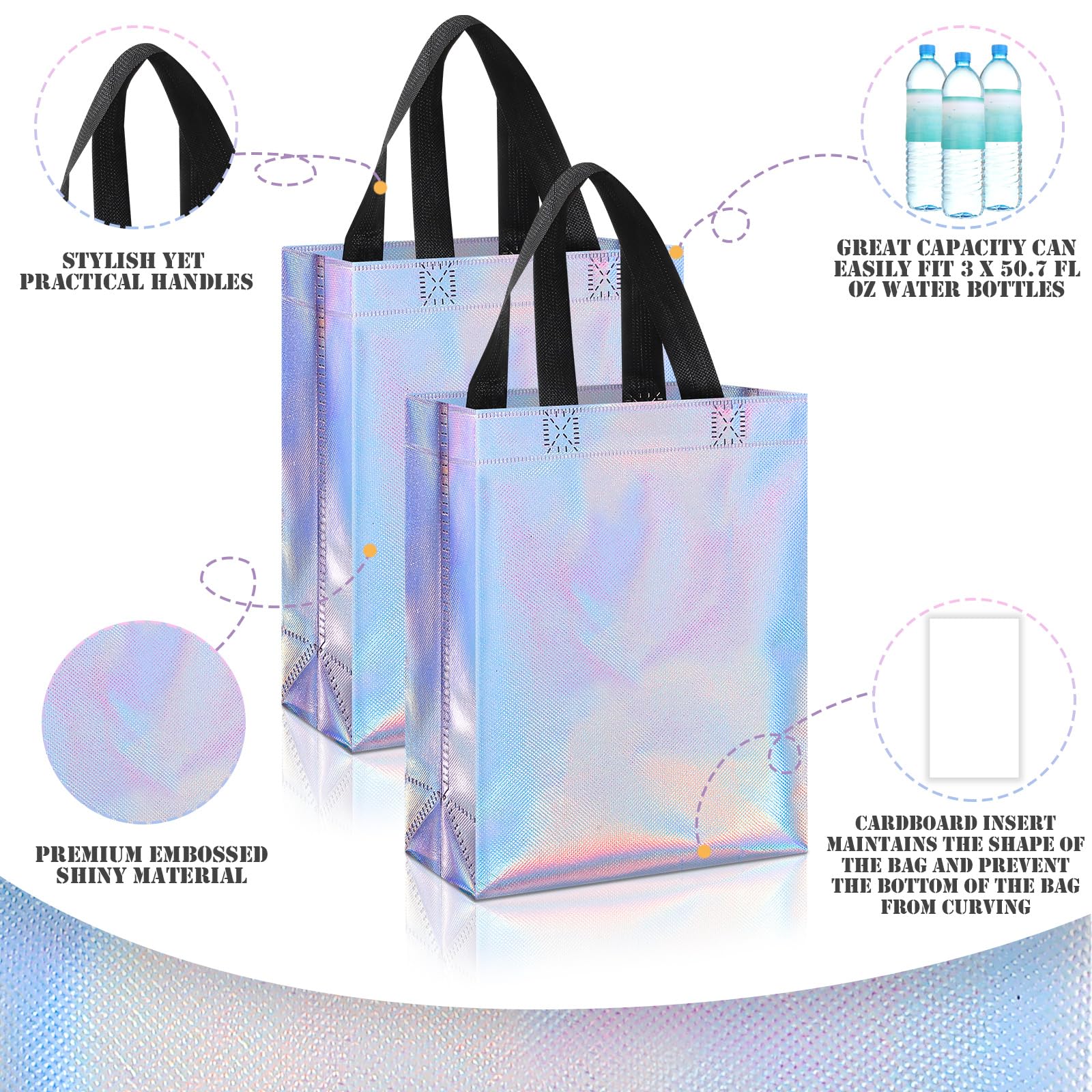 48 Pack Holographic Reusable Gift Bags with Handles - Iridescent Metallic Goodie Bags Bulk for Wedding, St. Patrick’s Day, Birthday Parties & Holiday Gifting - Durable Tote Bags for Party Favors, Bridal Showers & Special Events