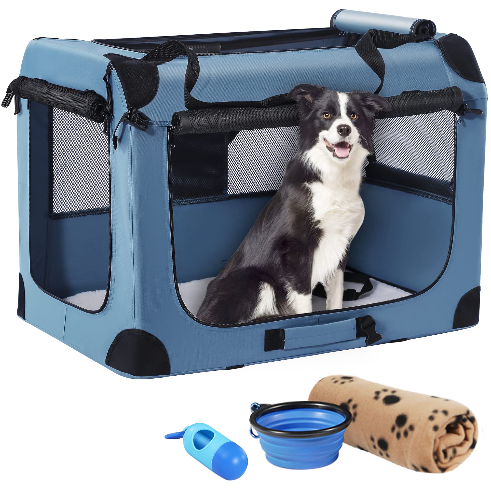 Petprsco Portable & Collapsible Dog Crate for Medium & Large Dogs - 32x23x23 Inch Travel Crate with Soft Blanket, Foldable Bowl & Poop Bag Dispenser - Perfect for Camping, Road Trips & Vet Visits