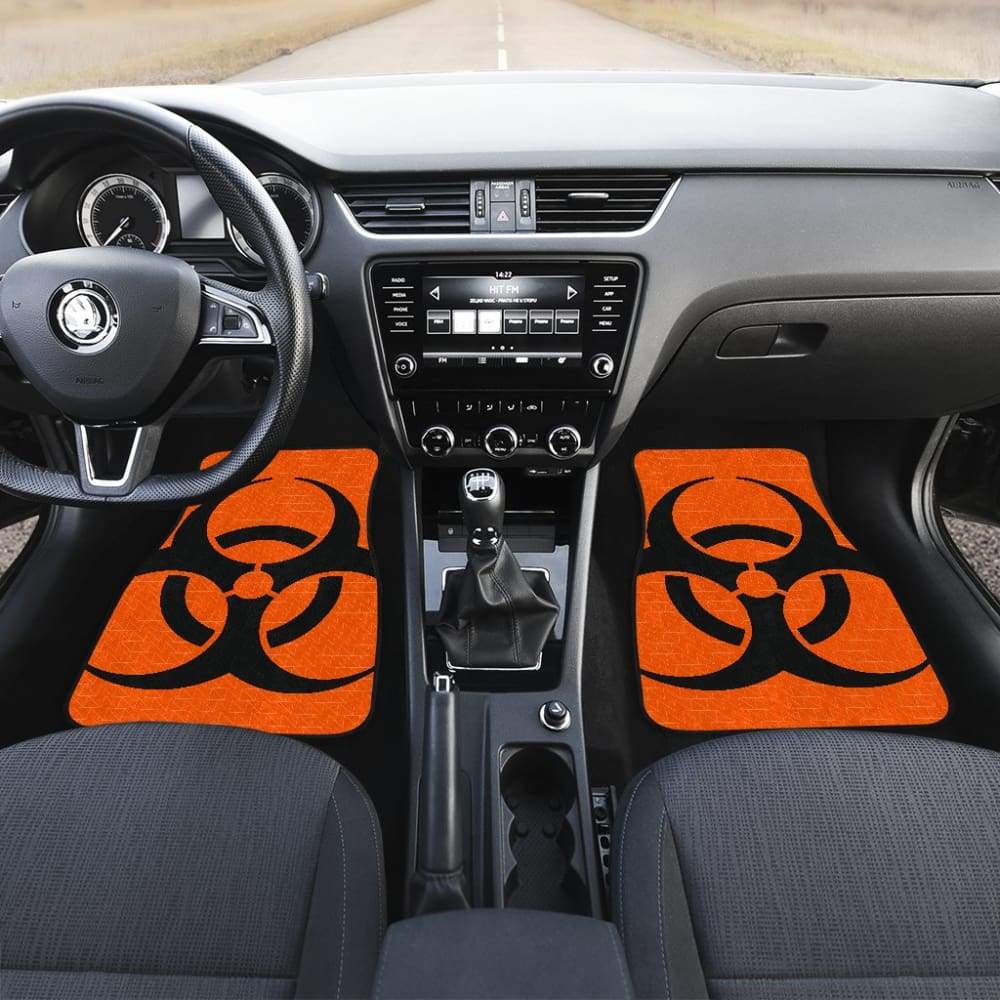 Black Biohazard Sign Orange Background Car Floor Mats - Non-Slip Rubber Car Mats for Sedans, SUVs & Trucks - Perfect for Halloween Decor, Cosplay & Car Enthusiasts