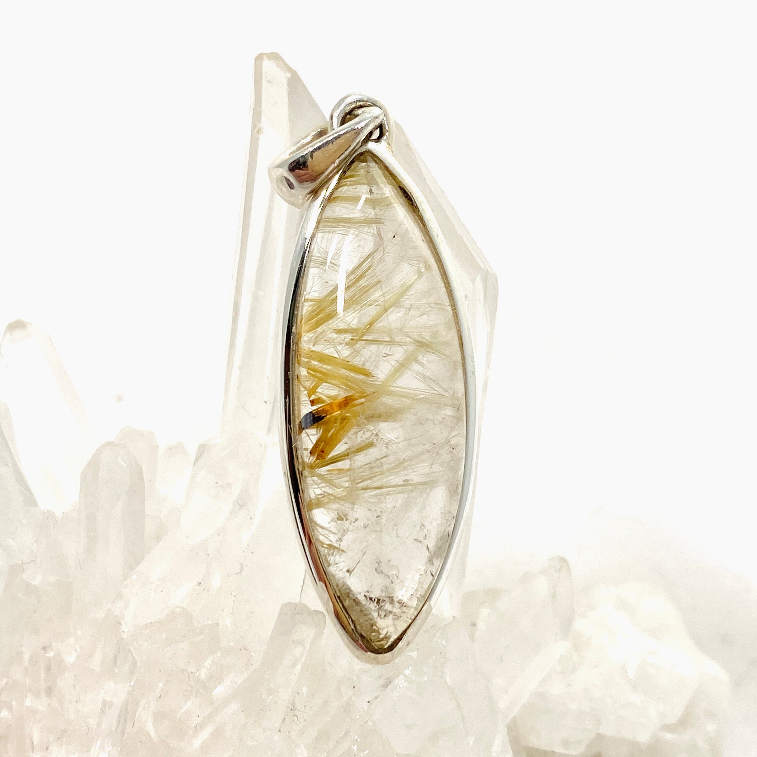 Natural Rutilated Quartz Marquise Cabochon Pendant Necklace - Handmade Jewelry for Women, Spiritual Healing & Energy Balance - Perfect for Meditation, Yoga & Gift Giving