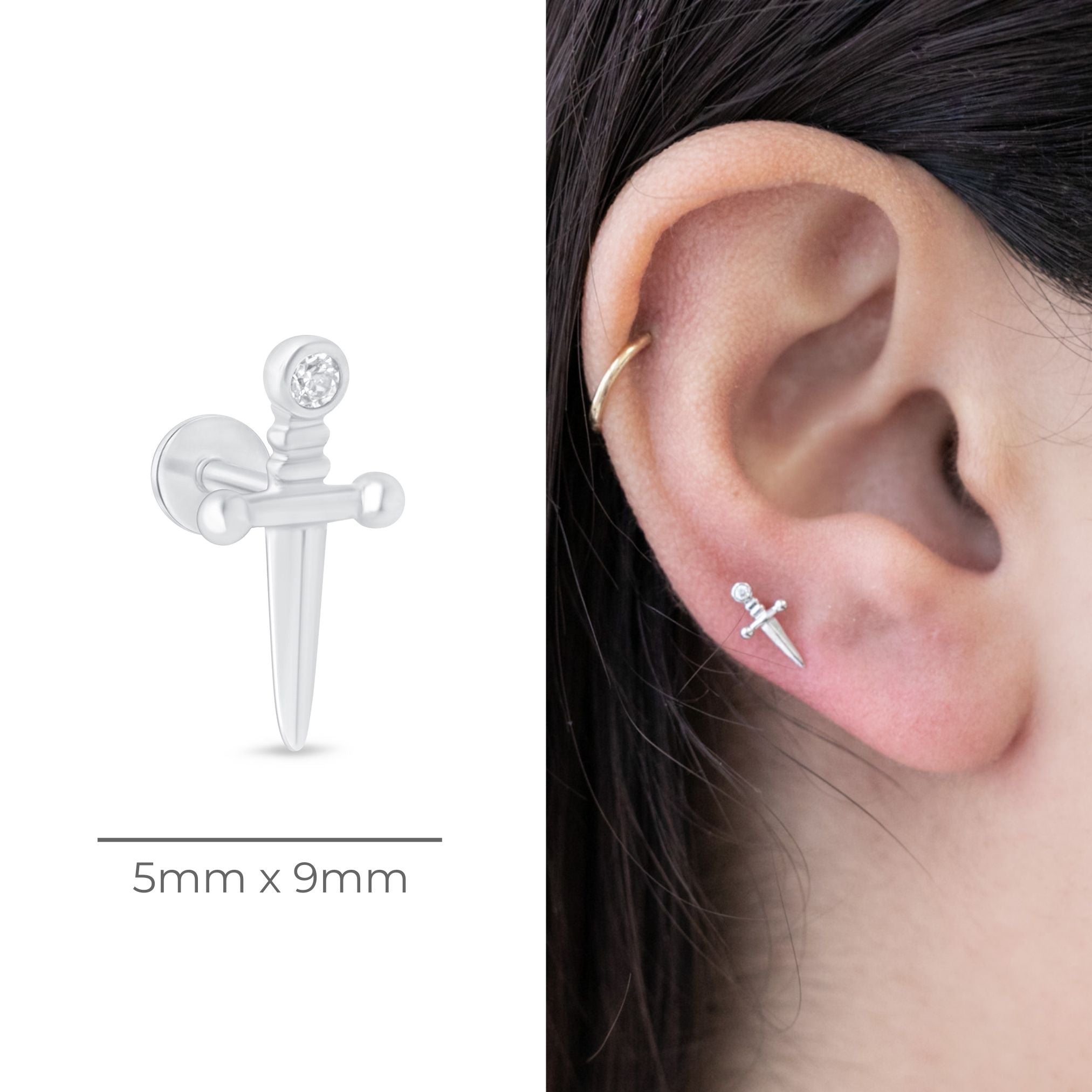 14k White Gold Dagger Flat Back Stud Earrings - Perfect for Gothic, Punk, and Alternative Fashion Styles