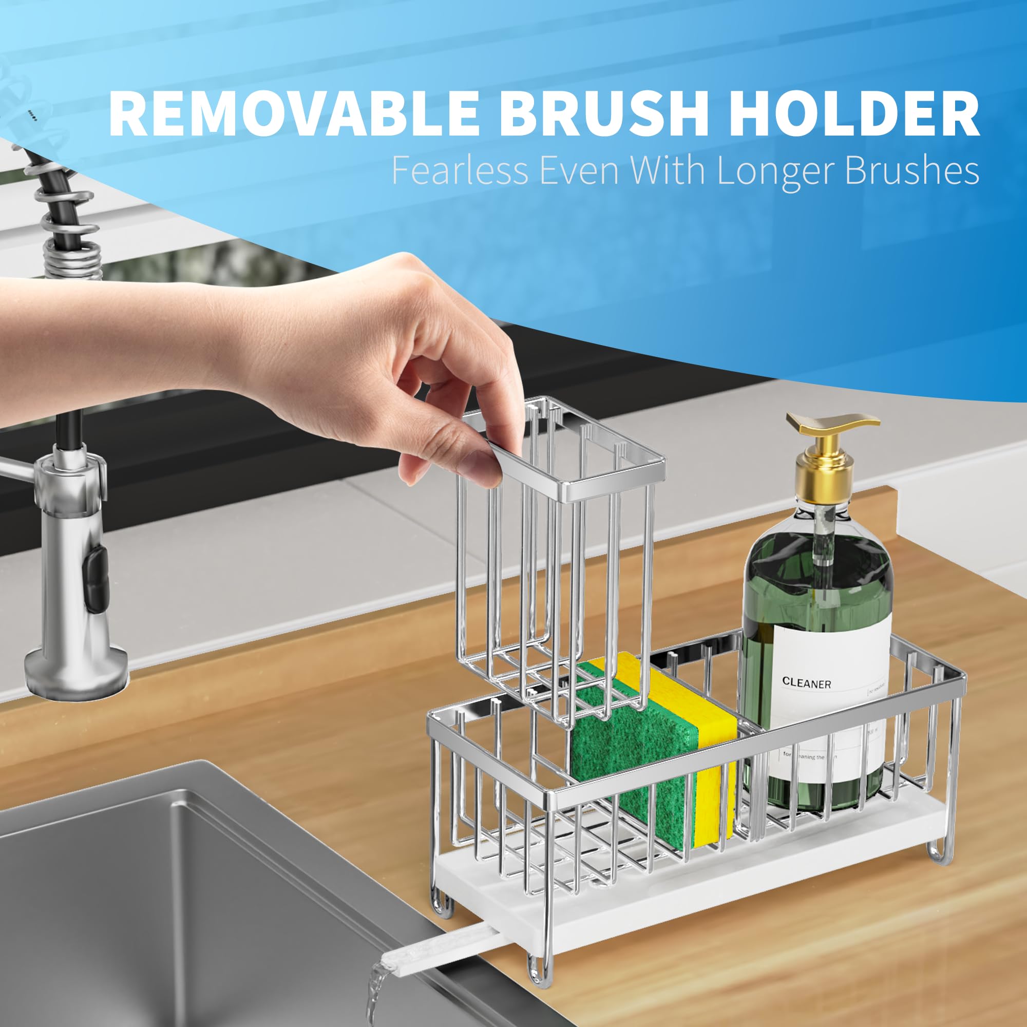 Stainless Steel Kitchen Sink Sponge Holder & Organizer - High Brush Holder, Soap Dispenser Storage, Rustproof Dish Organizer - Perfect for Kitchen Sink Organization & Cleaning Accessories Storage