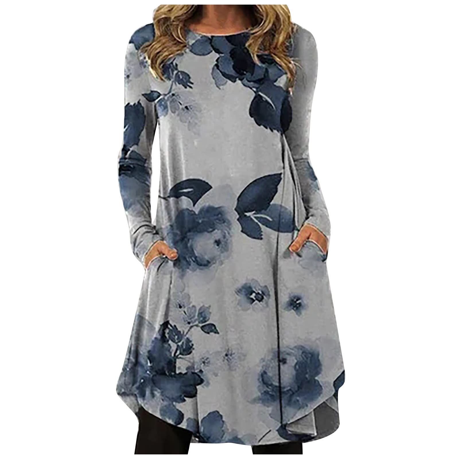 HAOREEKZ Women's Fall Dresses - Fashionable Printed Round Neck Long Sleeve Dress with Pockets for Autumn/Winter | Perfect for Office, Date Night & Holiday Parties