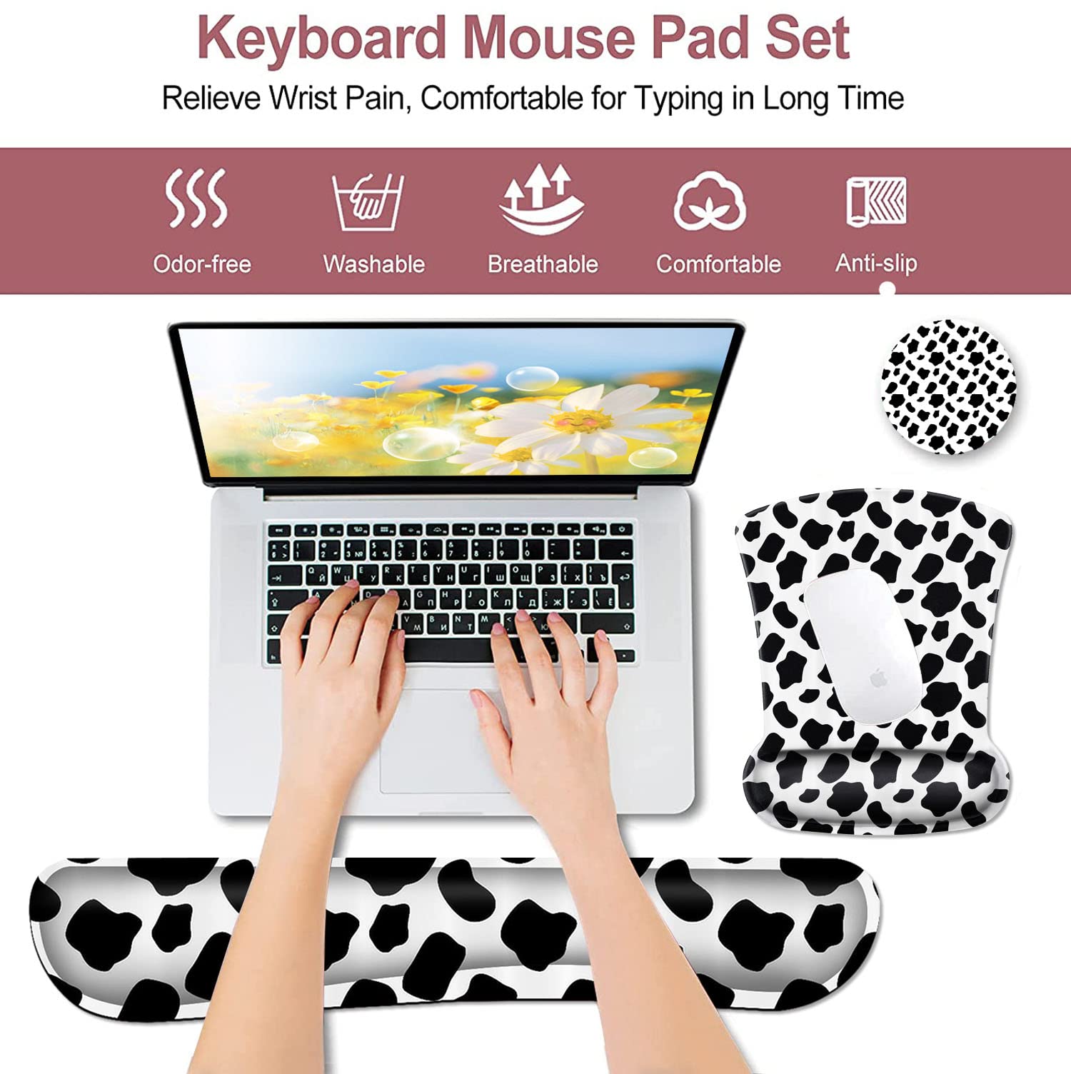 Ergonomic Gel Mouse Pad with Wrist Support - Black and White Cow Pattern, Memory Foam Keyboard Wrist Rest for Office & Gaming - Soft Desk Pad for Typing Comfort and Wireless Mouse Use