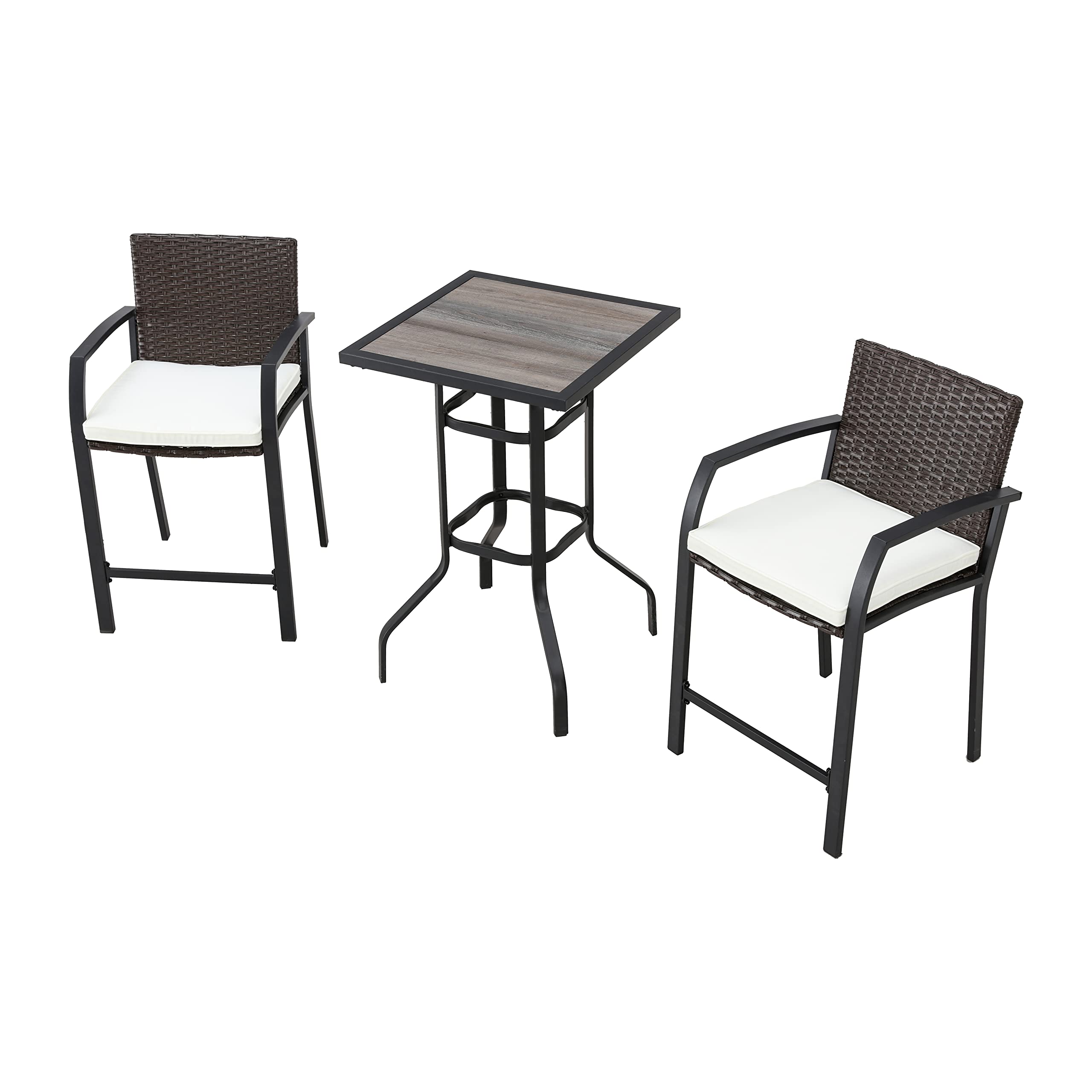 LOKATSE HOME 3-Piece Outdoor Patio Bar Set - Wicker Bar Stools with High Top Square Table - Weather-Resistant White Conversation Furniture for Backyard, Poolside & Garden Dining