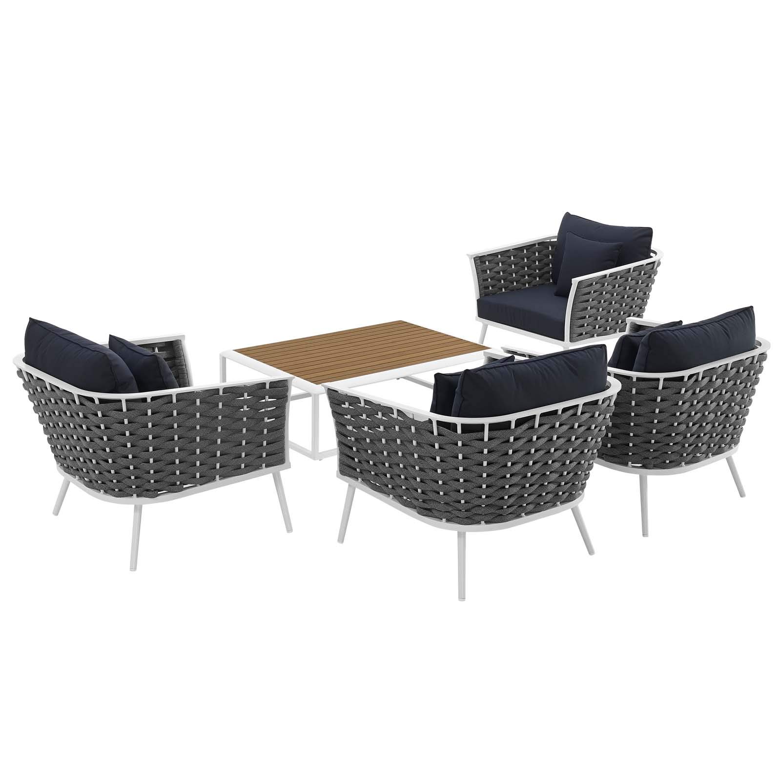 Modway Stance 5-Piece Outdoor Patio Sectional Sofa Set - Aluminum Frame, White & Navy Cushions - Perfect for Backyard, Poolside & Garden Relaxation