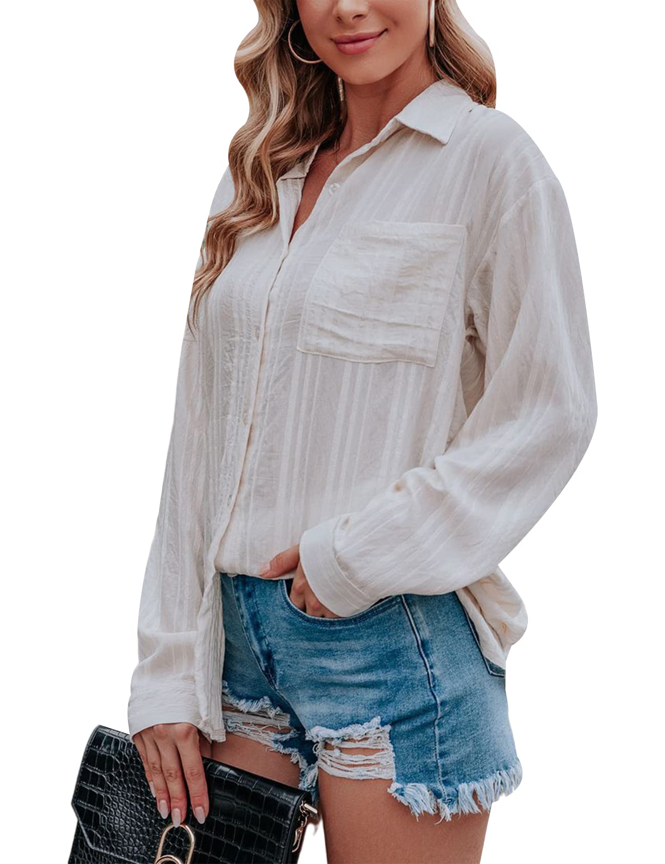Gihuo Women's Casual Long Sleeve Button Down Shirt - Loose Fit Striped Blouse Top for Work, Office & Everyday Wear | Comfortable & Stylish Women's Fashion