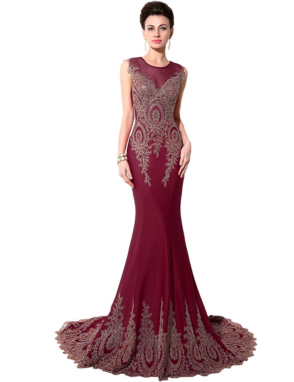 Sarahbridal Women's Elegant Embroidery Lace Mermaid Evening Gown - Formal Prom Dress, Long Sleeve Ball Gown for Wedding Guest, Cocktail Party & Special Occasions