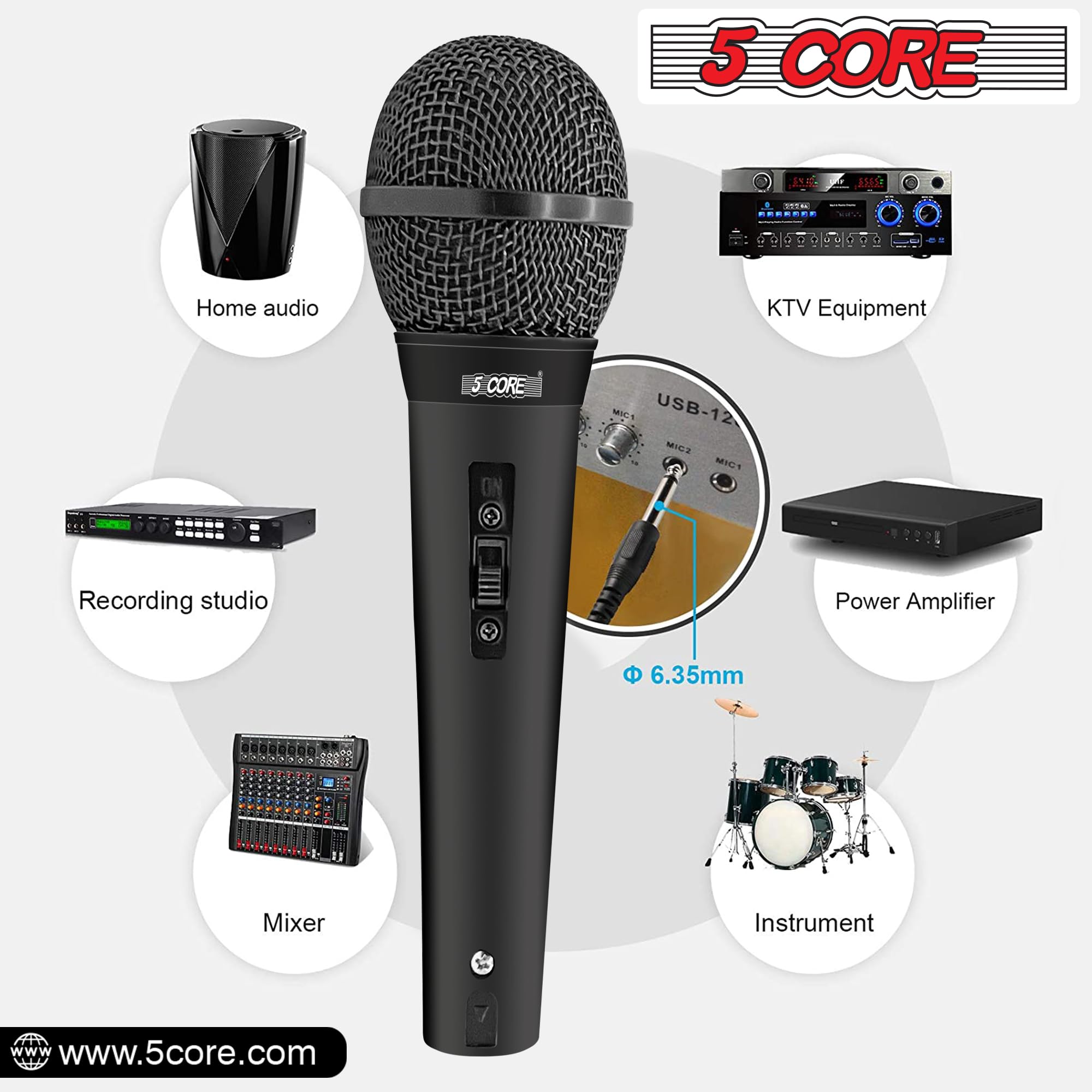 5 CORE Dynamic Vocal Microphone - Cardioid Unidirectional Handheld Mic with On/Off Switch & XLR Cable (PM 101 BLK) for Singing, Karaoke, Live Performances & Studio Recording