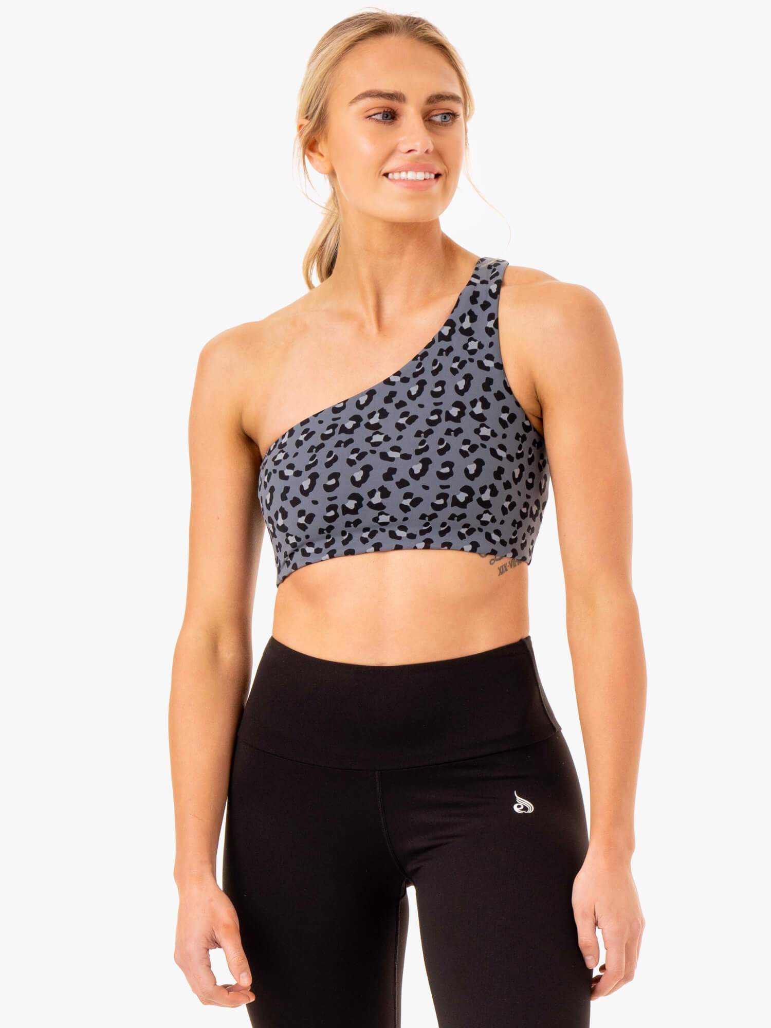 Adapt One Shoulder Sports Bra - Steel Blue Leopard Print - High Support Workout Top for Running, Yoga & Gym