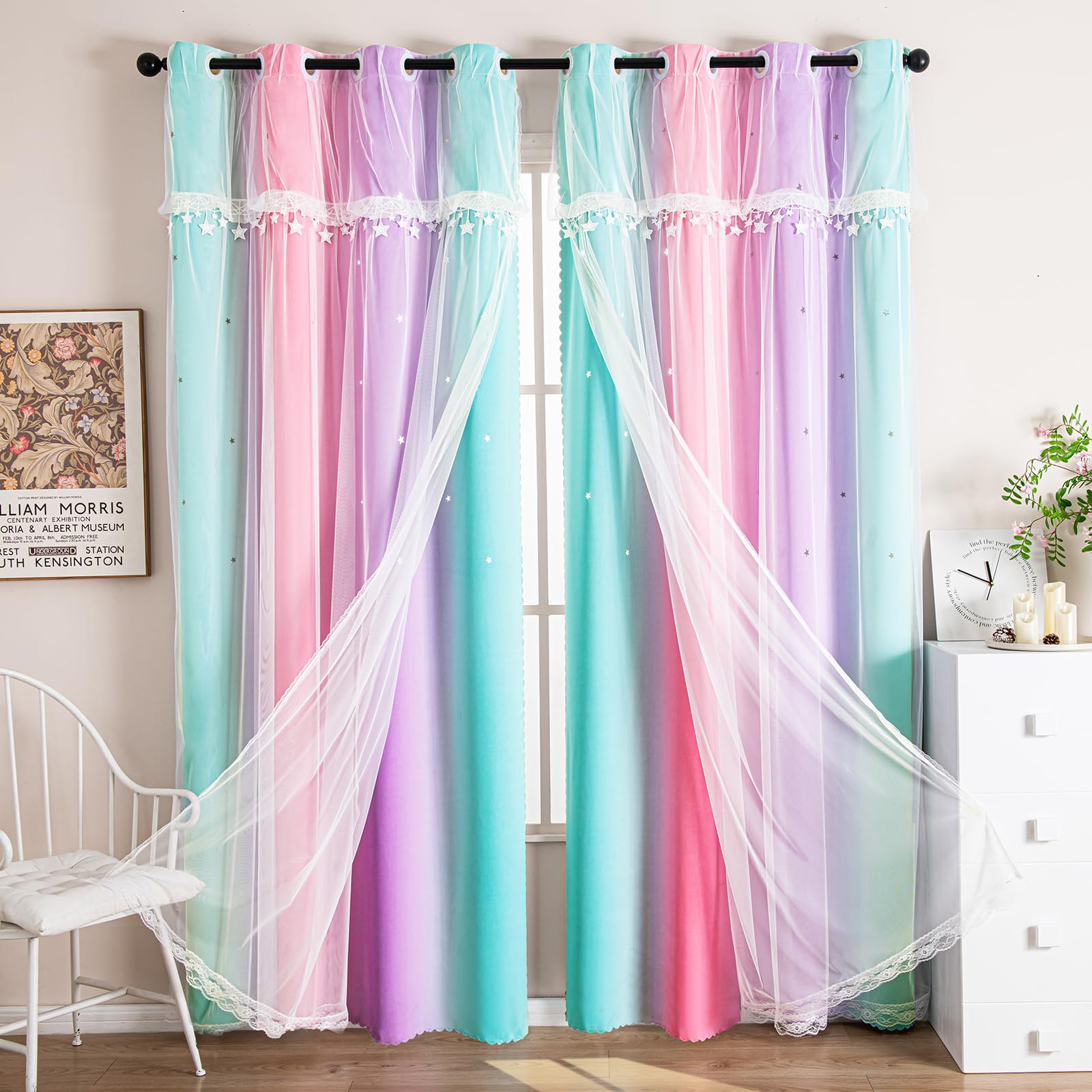 UNISTAR Blackout Curtains for Girls Bedroom, Kids Room & Nursery - Star Pattern Darkening Window Treatment for Princess Bedroom Decor (Pink, Purple, Green, 1 Panel, 34