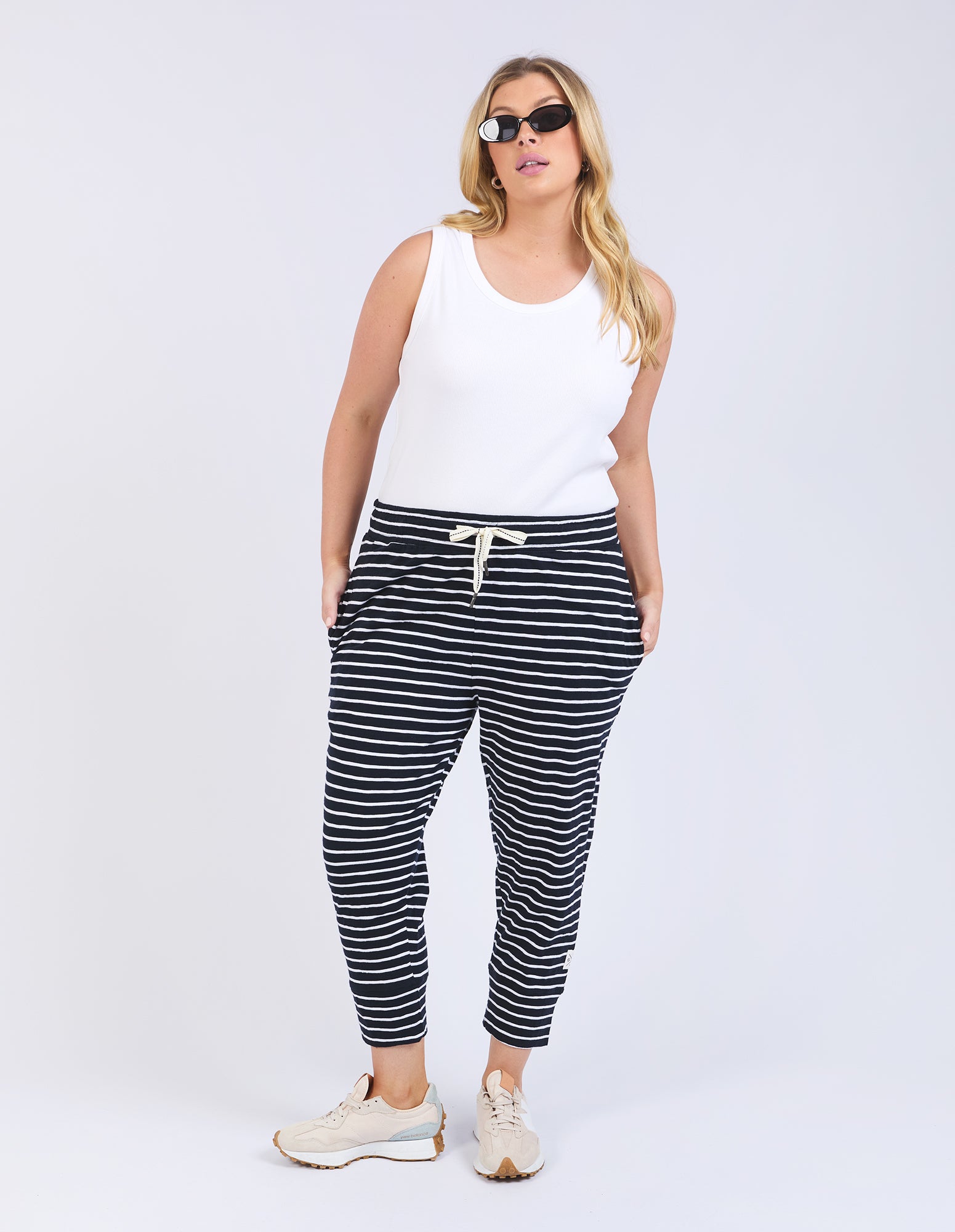 Elm Brunch Pant Navy & White Striped Women's Casual Pants - Comfortable Lounge Wear for Brunch, Relaxing at Home, or Weekend Outings