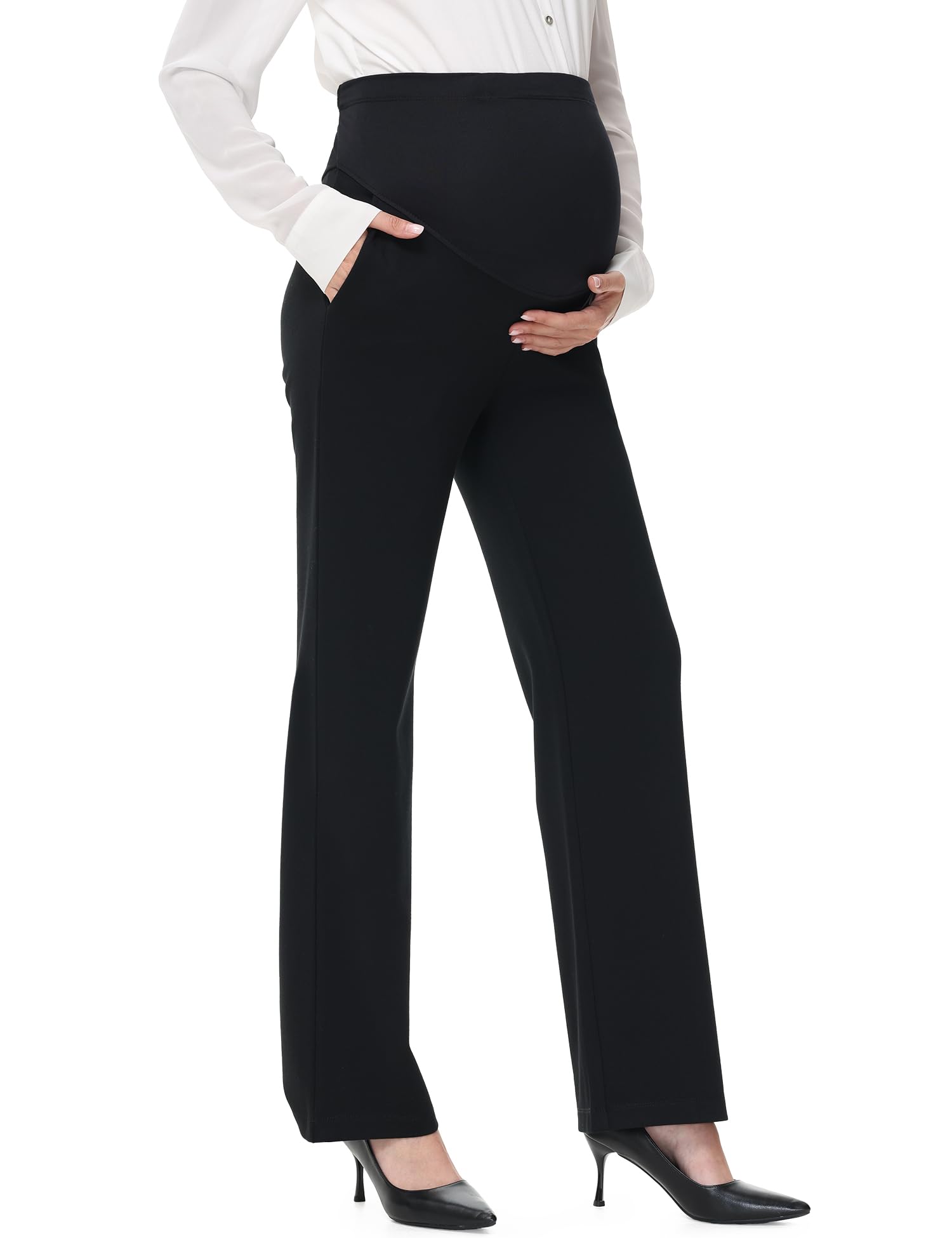 URBEST Women's Maternity Straight Leg Dress Pants - Stretchy Over The Belly Work Pants with Pockets for Office & Pregnancy Comfort