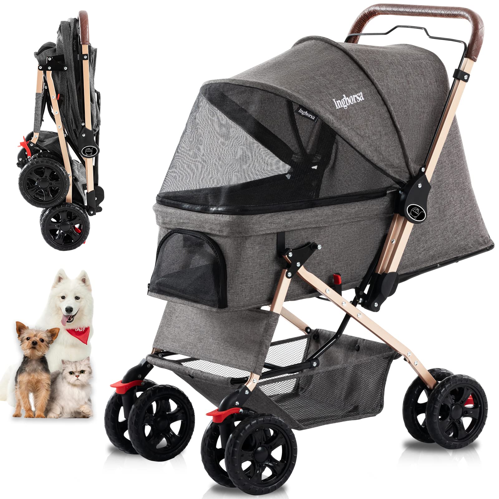 Pet Stroller for Small & Medium Dogs & Cats - 4-Wheel Carrier with Weather Cover & Storage Basket (Gray) - Perfect for Walks, Vet Visits & Outdoor Adventures