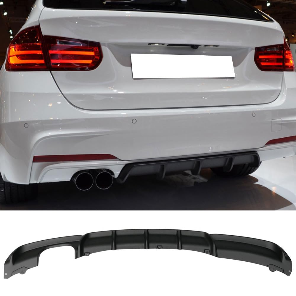 IKON MOTORSPORTS Rear Diffuser for 2012-2018 BMW F30 3 Series (328i & 340i) - M-Tech M Sport Style Rear Bumper Lip Diffuser with Twin Muffler Single Out | Perfect for Car Upgrades & Performance Enhancement